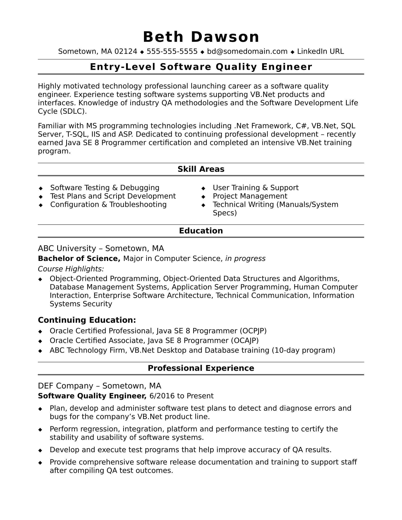 Sample Resume Headline for software Engineer Fresher Sample Resume for An Entry-level Quality Engineer Monster.com