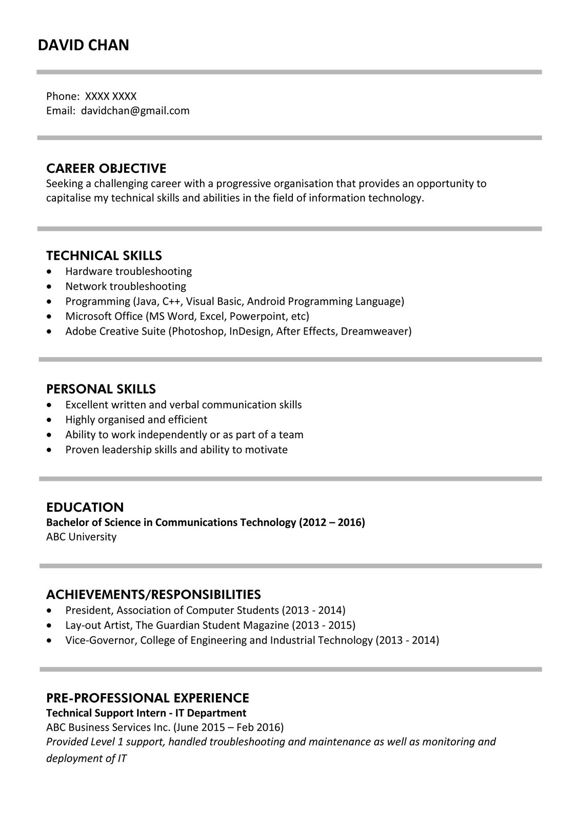 Sample Resume Objective for Information Technology Sample Resume for Fresh Graduates (it Professional) Jobsdb Hong Kong