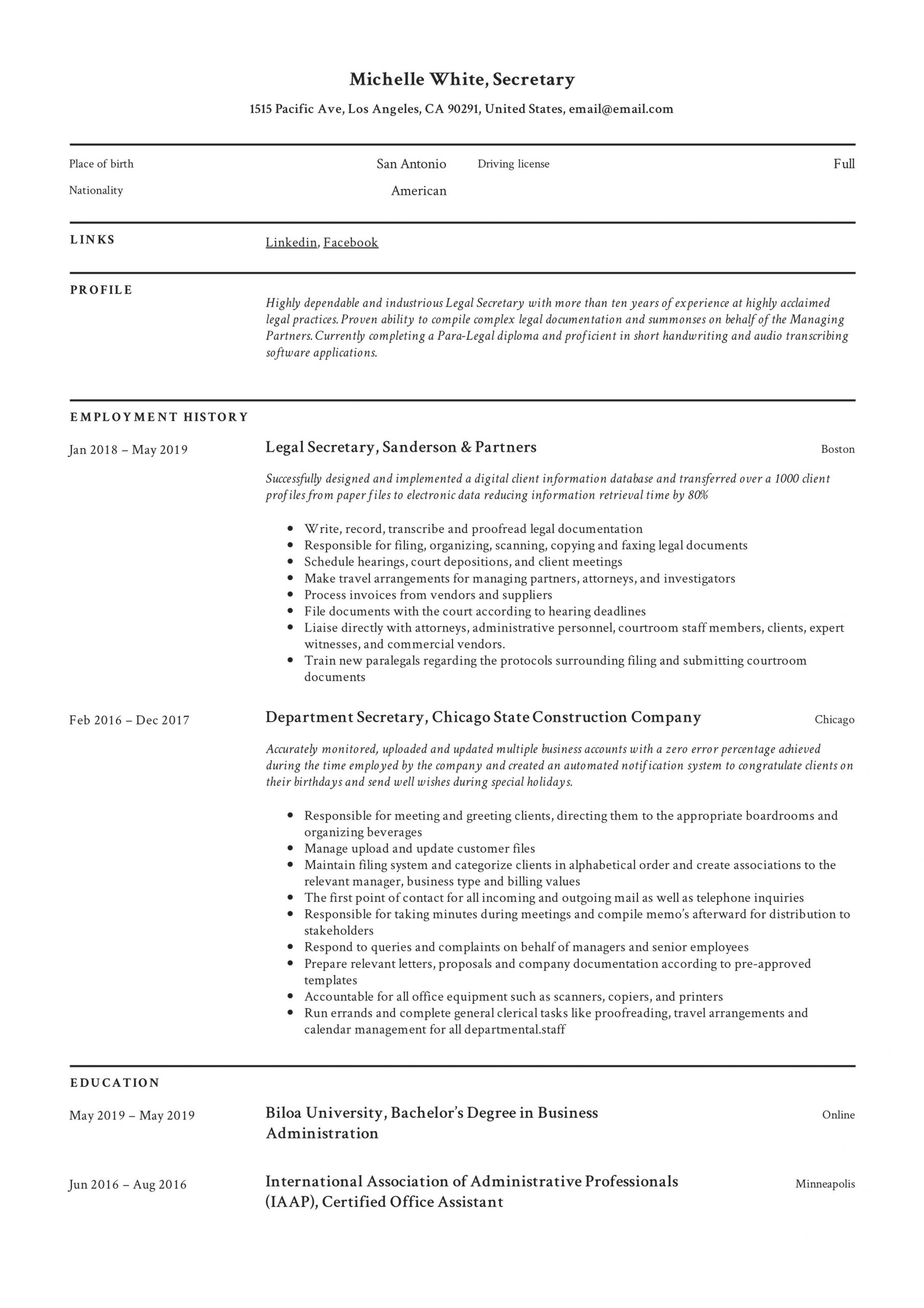 Sample Resume Objective for Secretary Position Departmental Secretary Cv September 2021