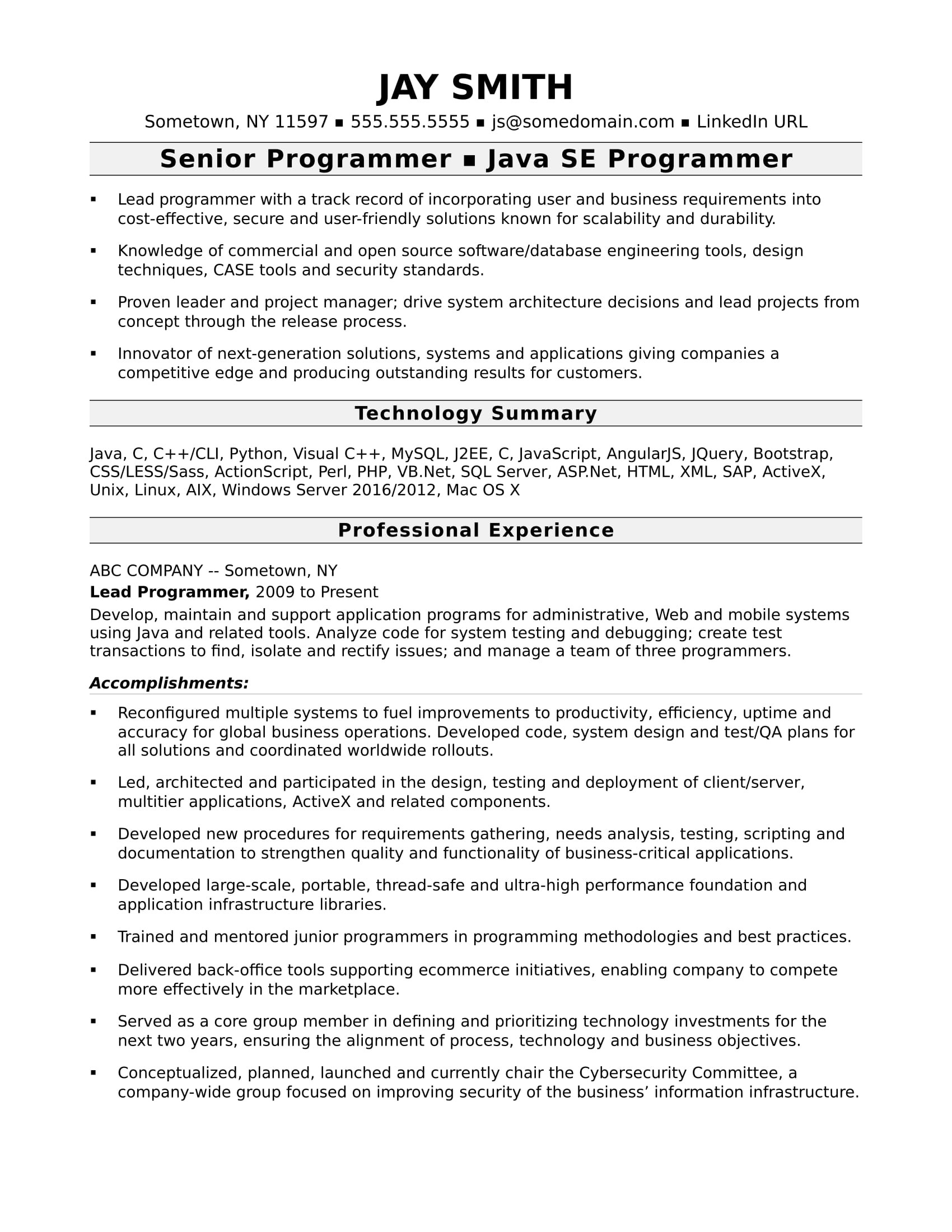 Sample Resume Objectives for Experienced It Professionals Programmer Resume Template Monster.com