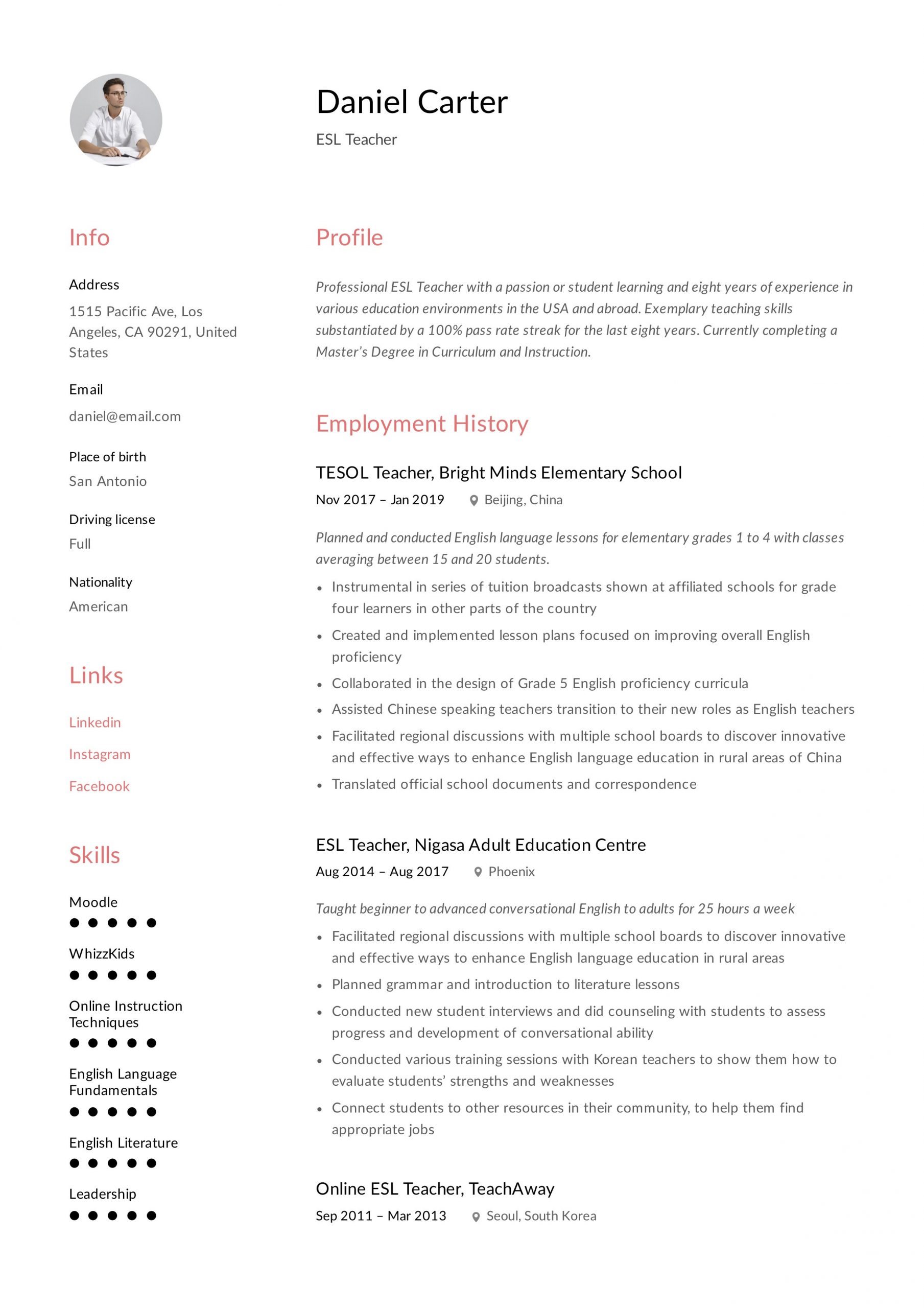 Sample Resume Teaching English as A Second Language 19 Esl Teacher Resume Examples & Writing Guide 2020