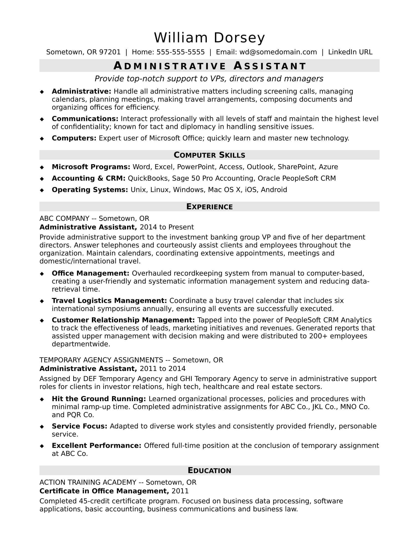 Sample Resume Templates for Administrative assistant Midlevel Administrative assistant Resume Sample Monster.com