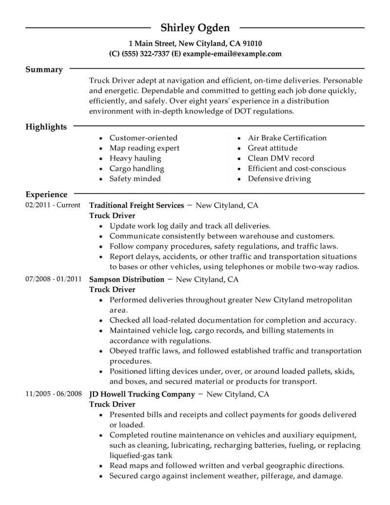 Tractor Trailer Truck Driver Resume Sample Truck Driver Cv Pdf October 2021