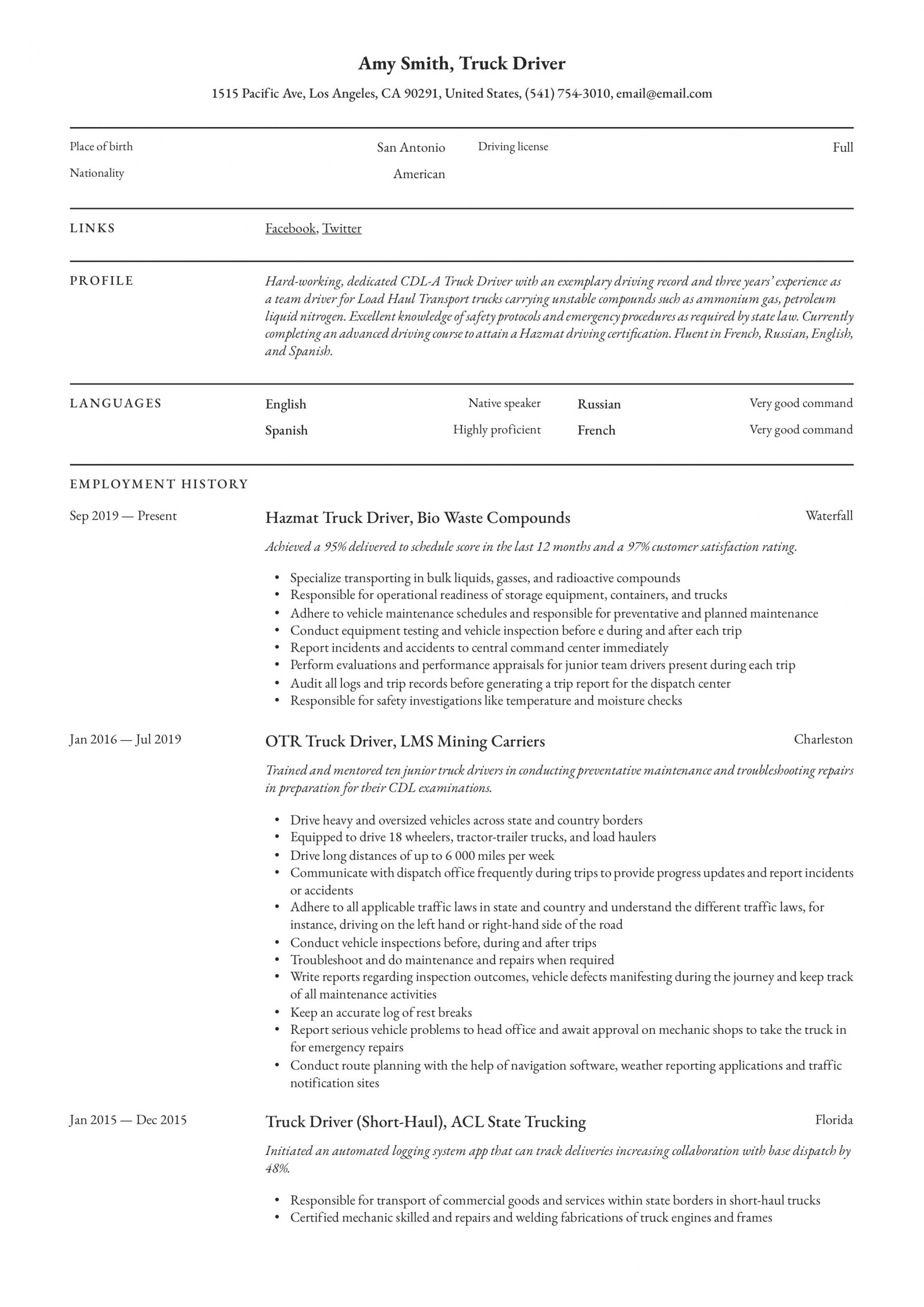 Tractor Trailer Truck Driver Resume Sample Truck Driver Resume & Writing Guide  12 Resume Examples 2019