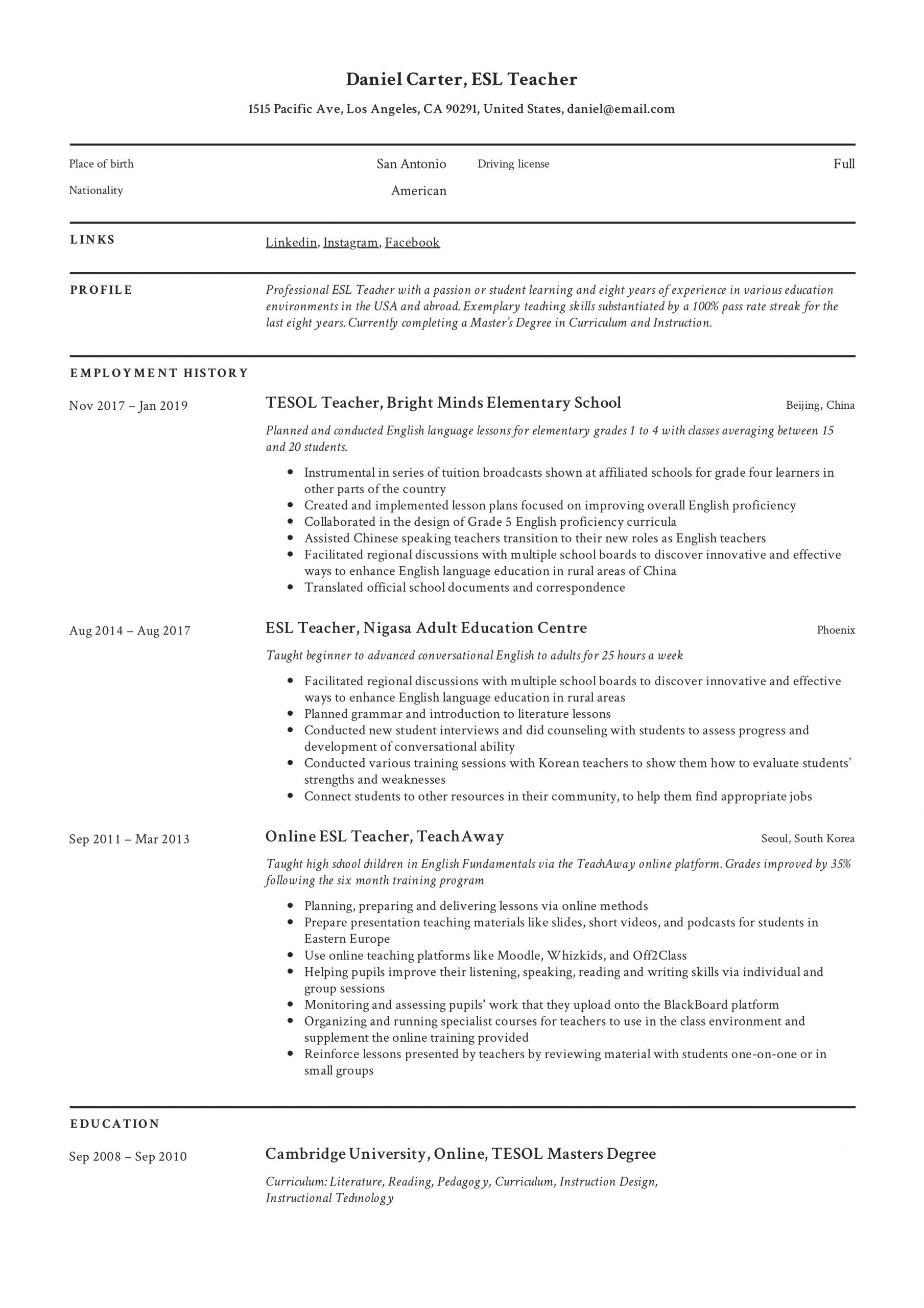 Transition Out Of Teaching Resume Samples 19 Esl Teacher Resume Examples & Writing Guide 2020