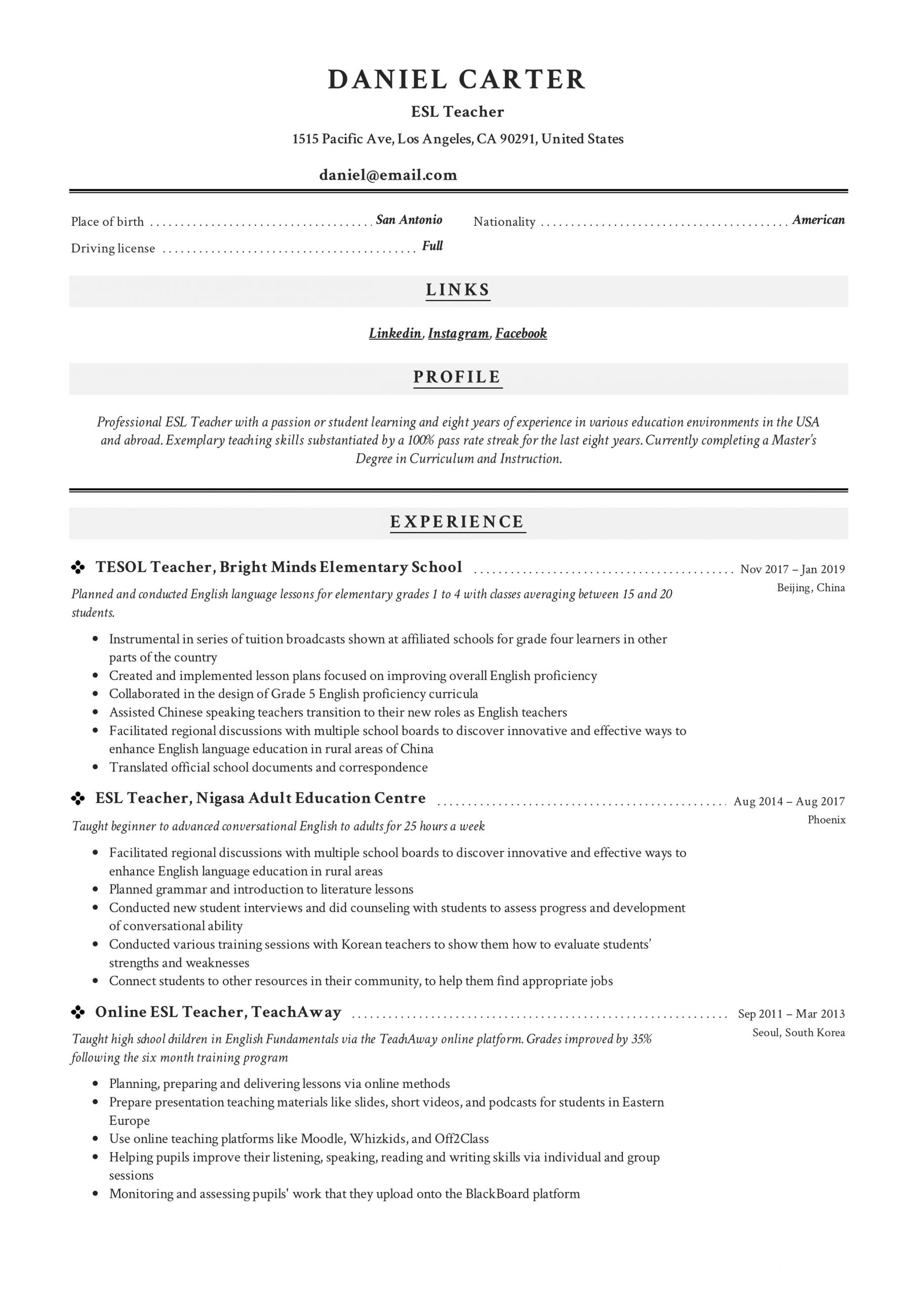 Transition Out Of Teaching Resume Samples 19 Esl Teacher Resume Examples & Writing Guide 2020