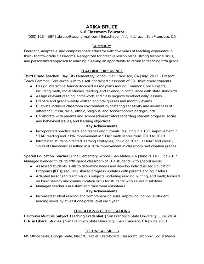 Transition Out Of Teaching Resume Samples How to Write An Alancarrezekiq Teaching Resume (with An Example) -â¦ the Muse