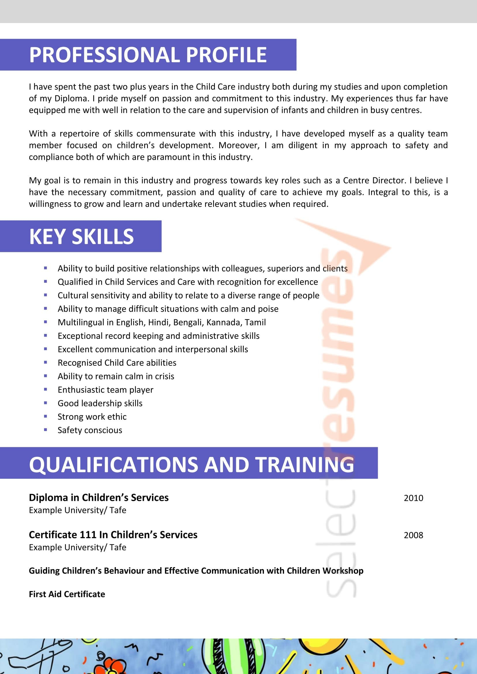 Child Care assistant Resume Sample Australia Child Care / Teacher Design 209 – Select Resumes