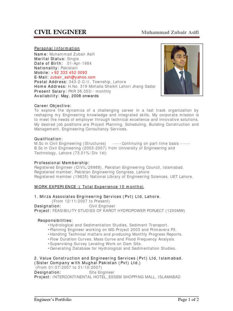 Civil Engineering Resume Samples for Experienced Sample Cv Of Civil Engineer Pdf Engineering Pakistan