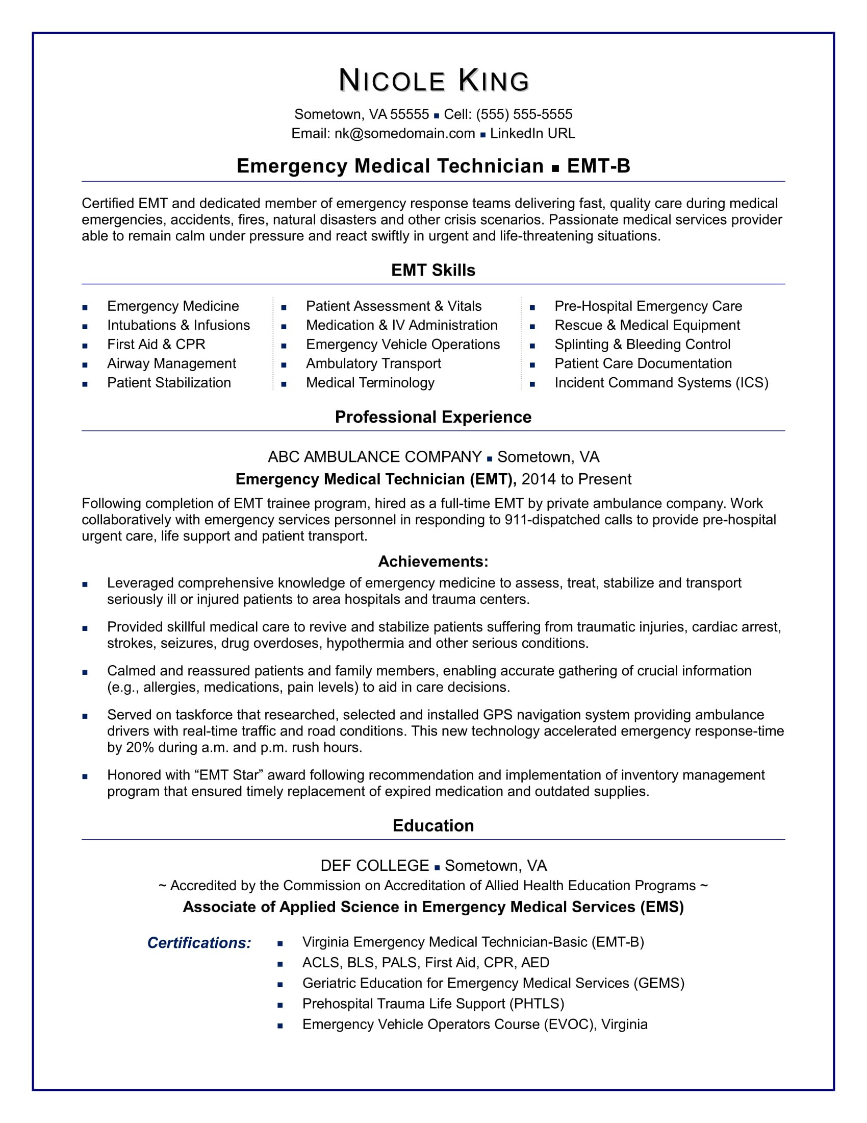 Emt Resume Samples for New Emt Emt Resume Sample Monster.com