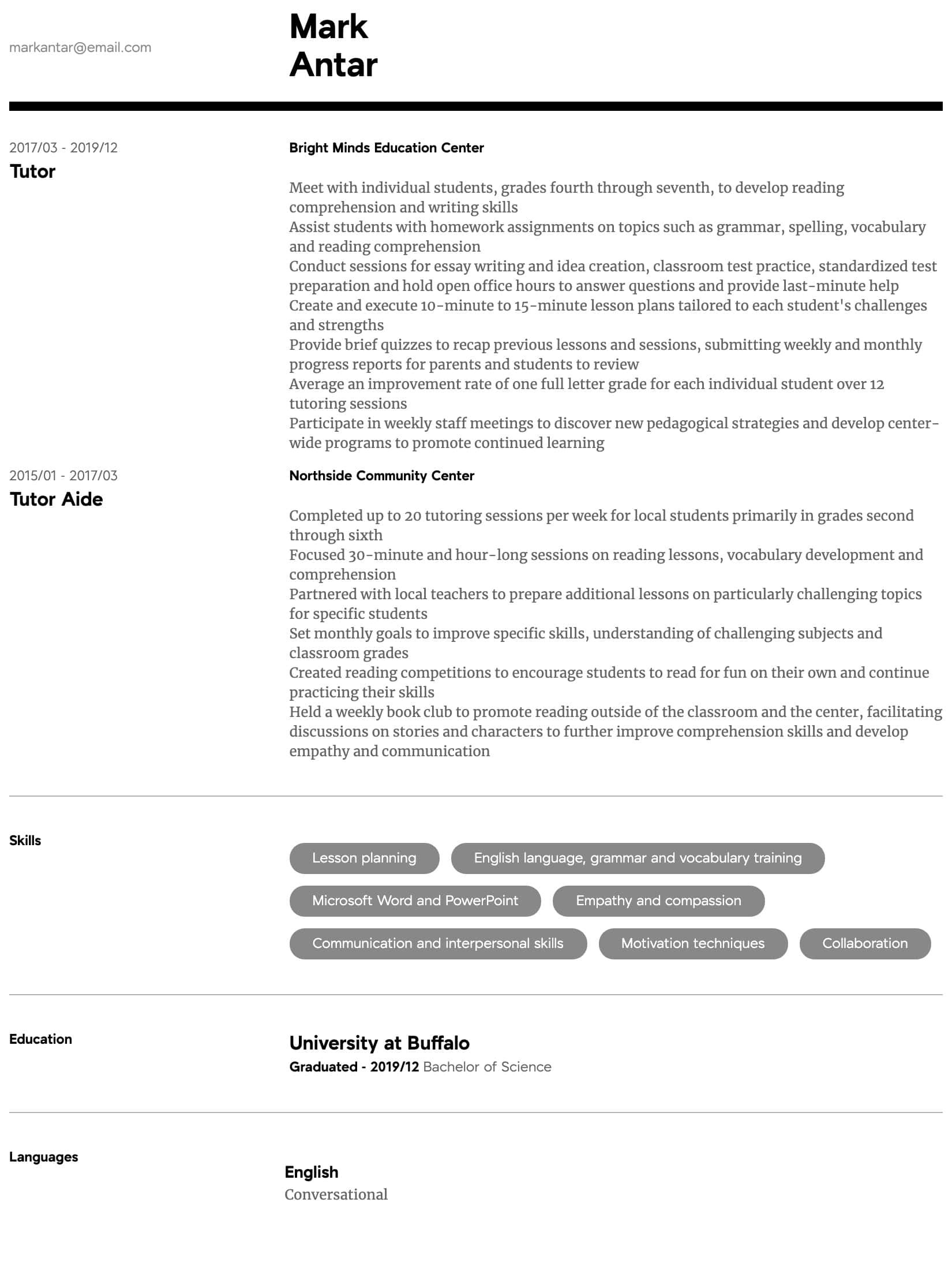 Entry Level Academic Advisor Resume Sample Tutor Resume Samples All Experience Levels Resume.com Resume.com