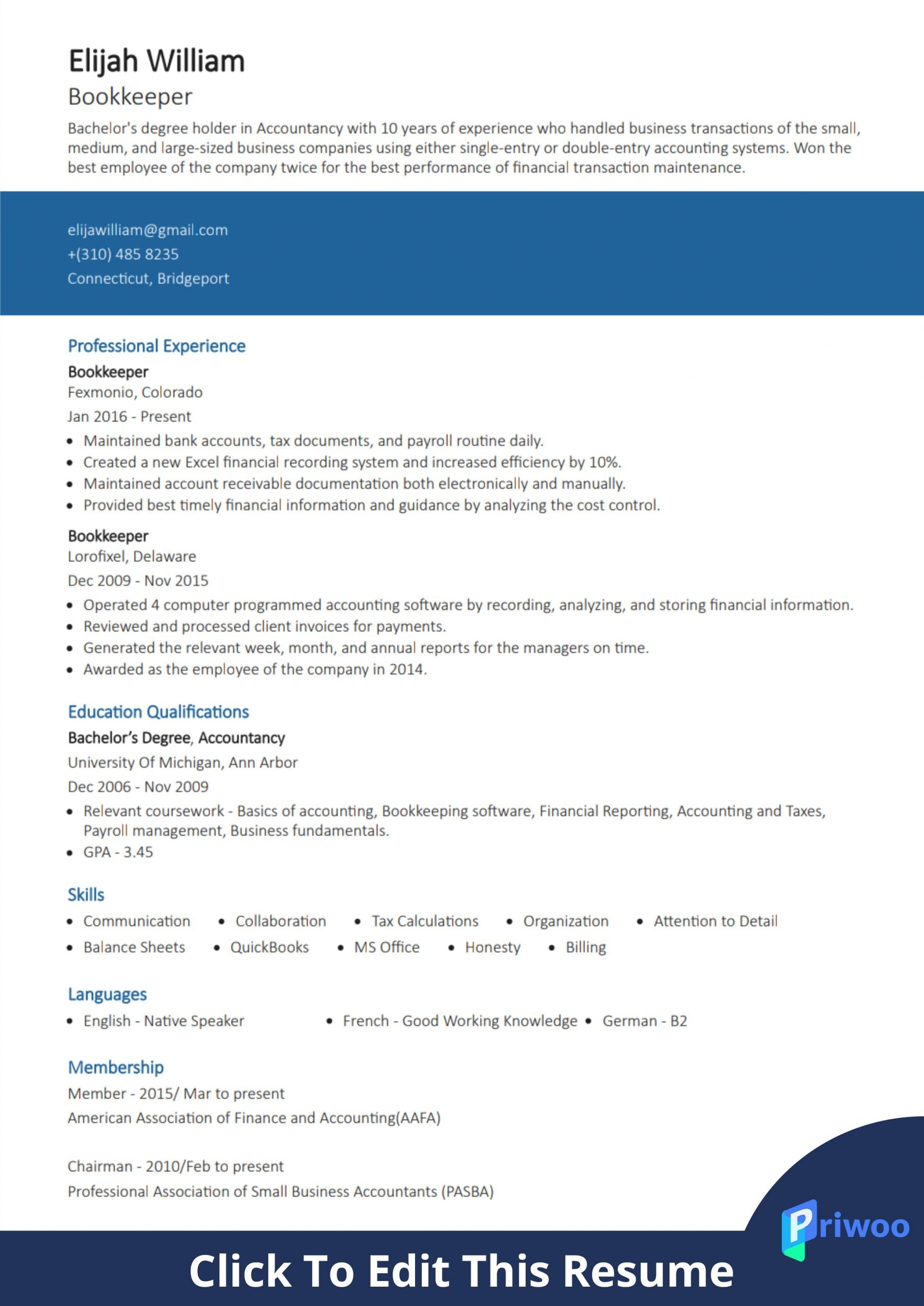 Entry Level Accounting Bookkeeping Resume Sample Bookkeeper Resume Example (best Action Verbs & Skills) Priwoo