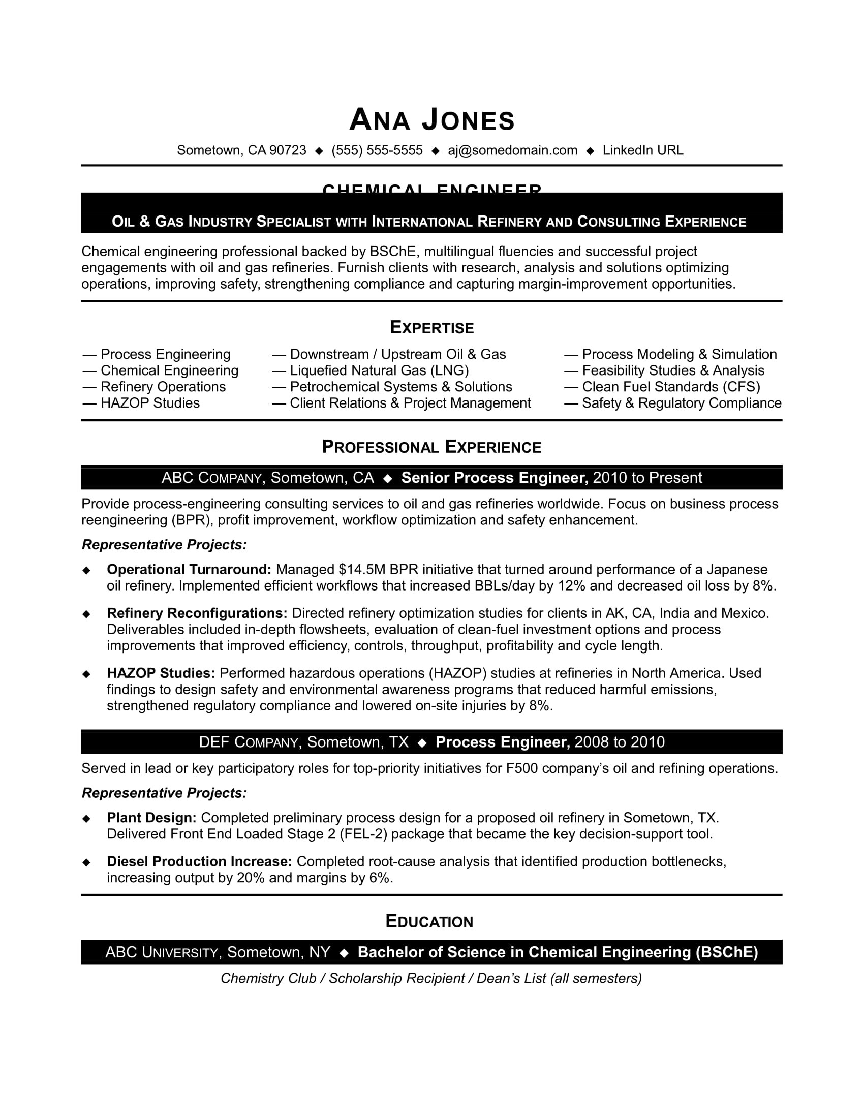 Entry Level Chemical Engineering Resume Sample Sample Resume for Entry Level Chemical Engineer Monster.com