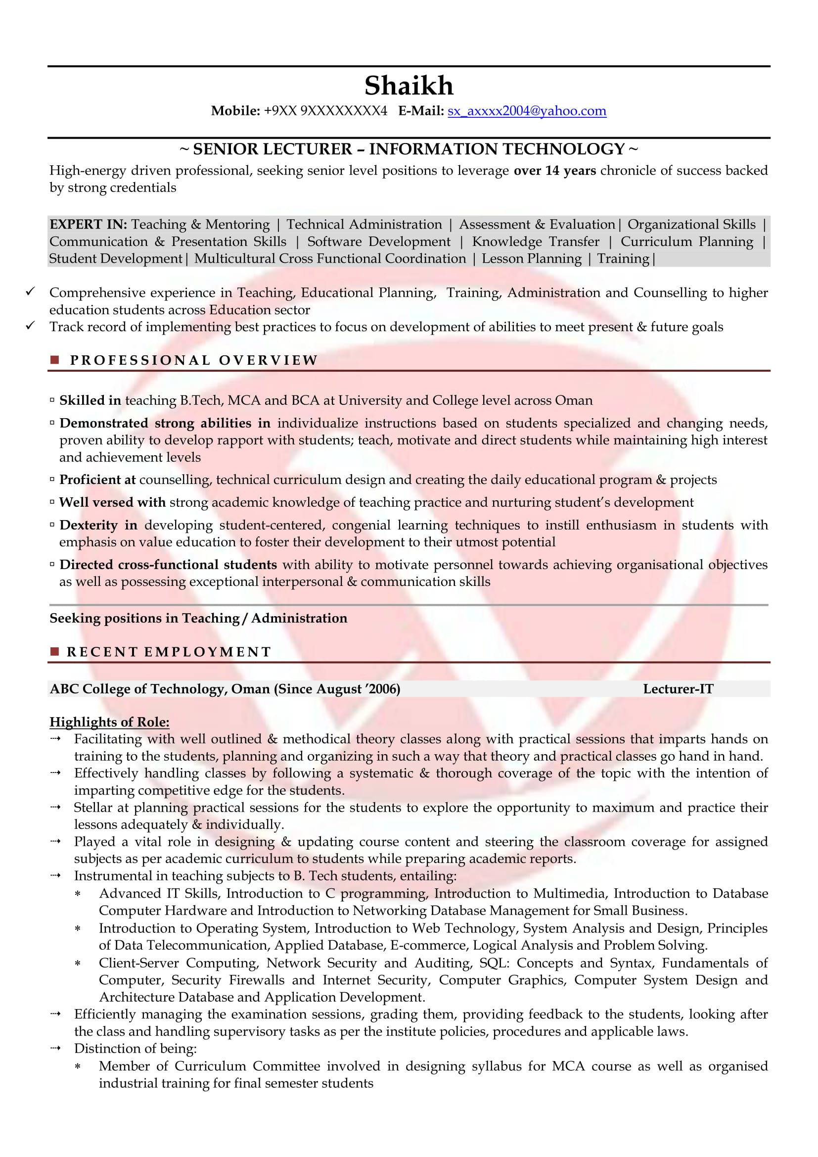 Lecturer Jobs Resume Sample for Freshers Sample Cv Lecturer Business Management – Academic Cv Example