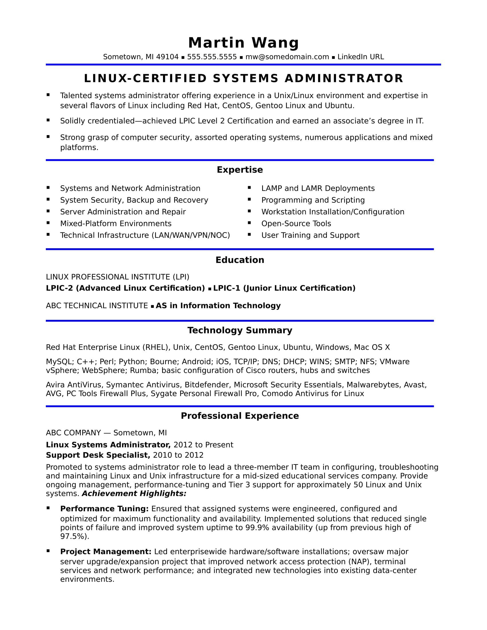 Linux Admin Resume Sample for Freshers See This Sample Resume for A Midlevel Systems Adminstrator for …
