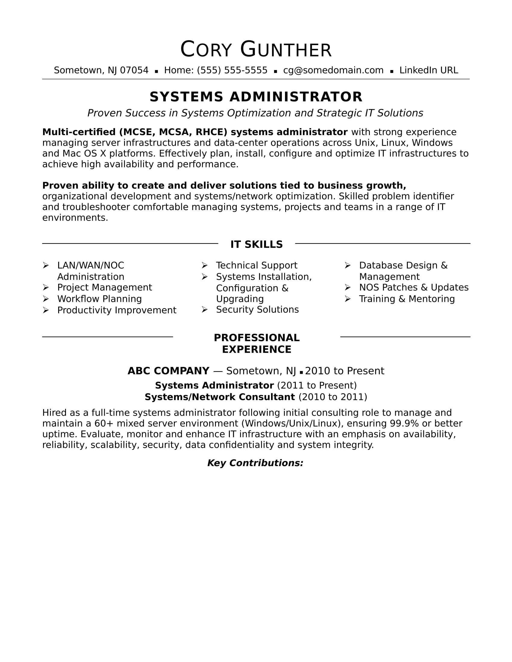 Linux System Administrator Sample Resume 2 Years Experience Sample Resume for An Experienced Systems Administrator Monster.com