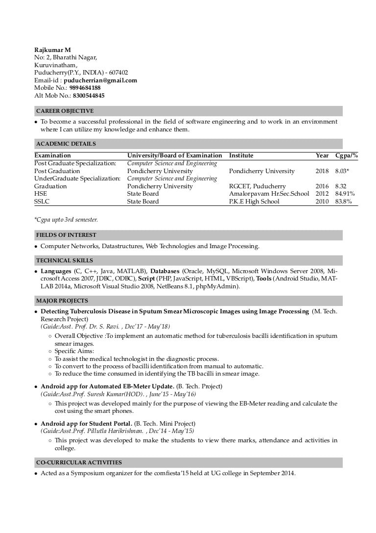 M Tech Resume Sample Free Download M.tech Freshers Resume