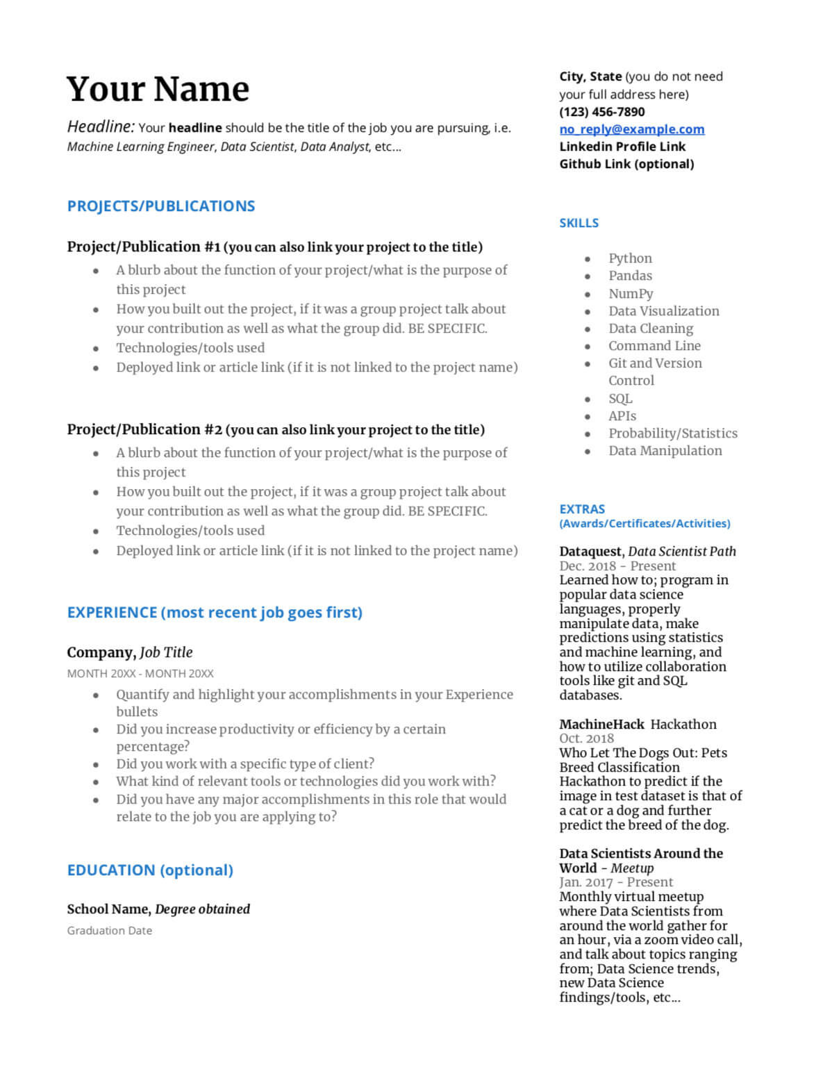 Machine Learning Sample Resume for Freshers How to Write A Great Data Science Resume â Dataquest
