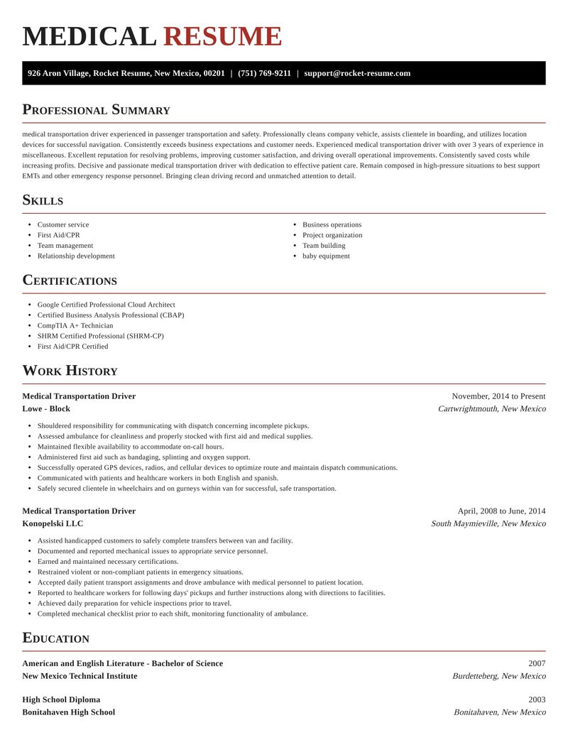 Non Emergency Medical Transportation Driver Resume Sample Medical Transportation Driver Resume Writer & Samples Rocket Resume