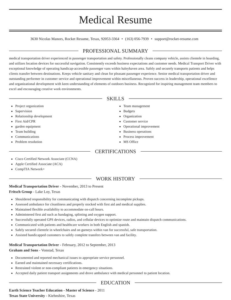 Non Emergency Medical Transportation Driver Resume Sample Medical Transportation Driver Resume Writer & Samples Rocket Resume