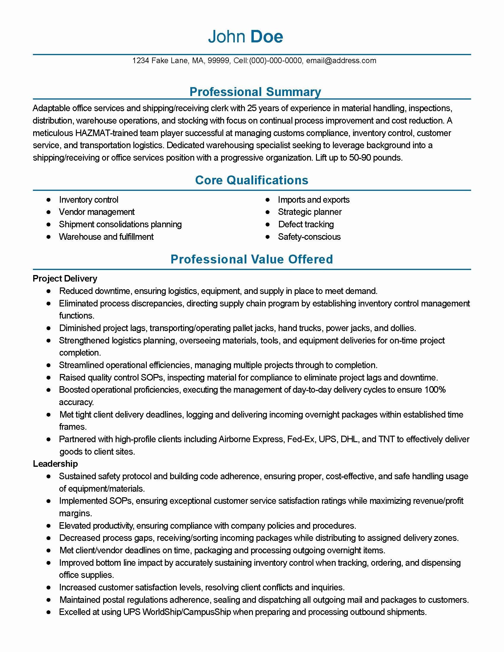 Resume Samples for Shipping and Receiving Clerk Freight Billing Clerk Resume October 2021