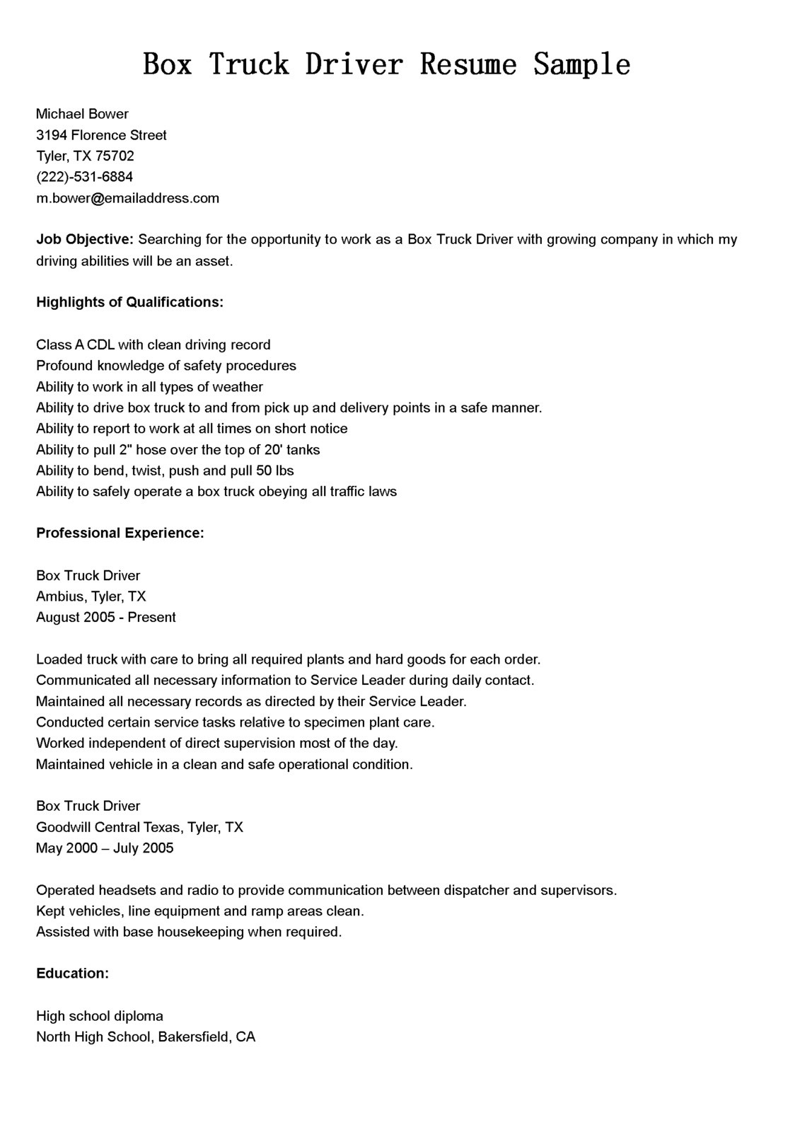 Resume Samples for Truck Drivers with An Objective Driver Resumes: Box Truck Driver Resume Sample