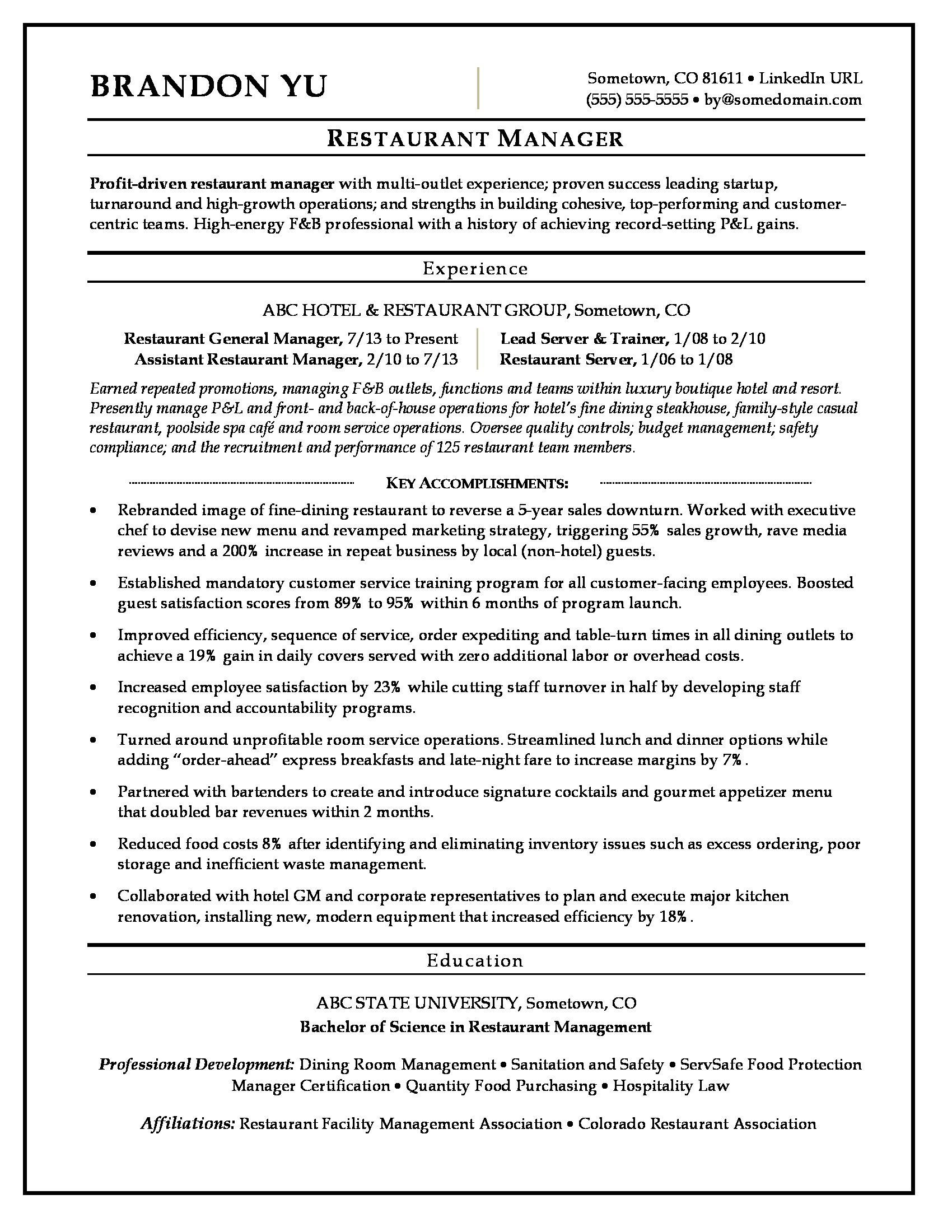 Sample Career Objective In Resume for Hotel and Restaurant Management Restaurant Manager Resume Sample Monster.com