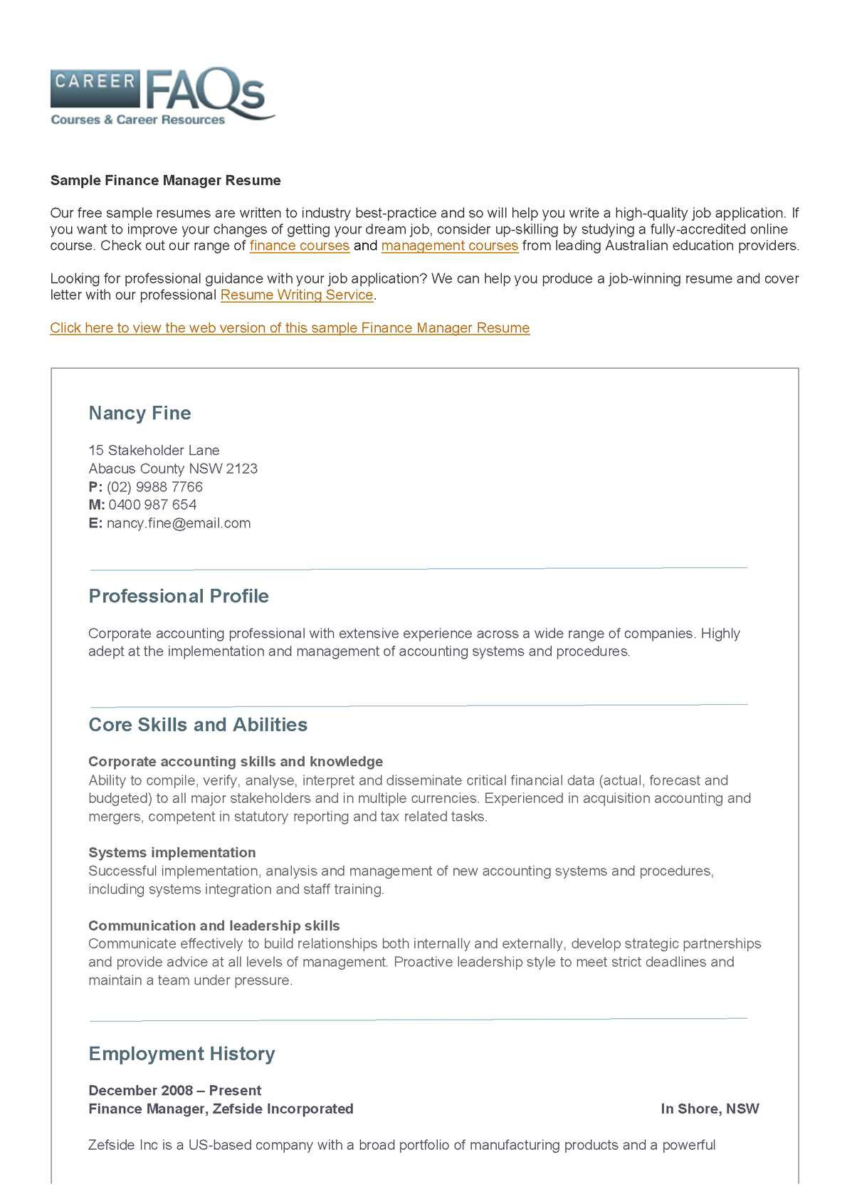 Sample Cover Letter for Resume Finance Manager CalamÃ©o – Finance Manager Resume