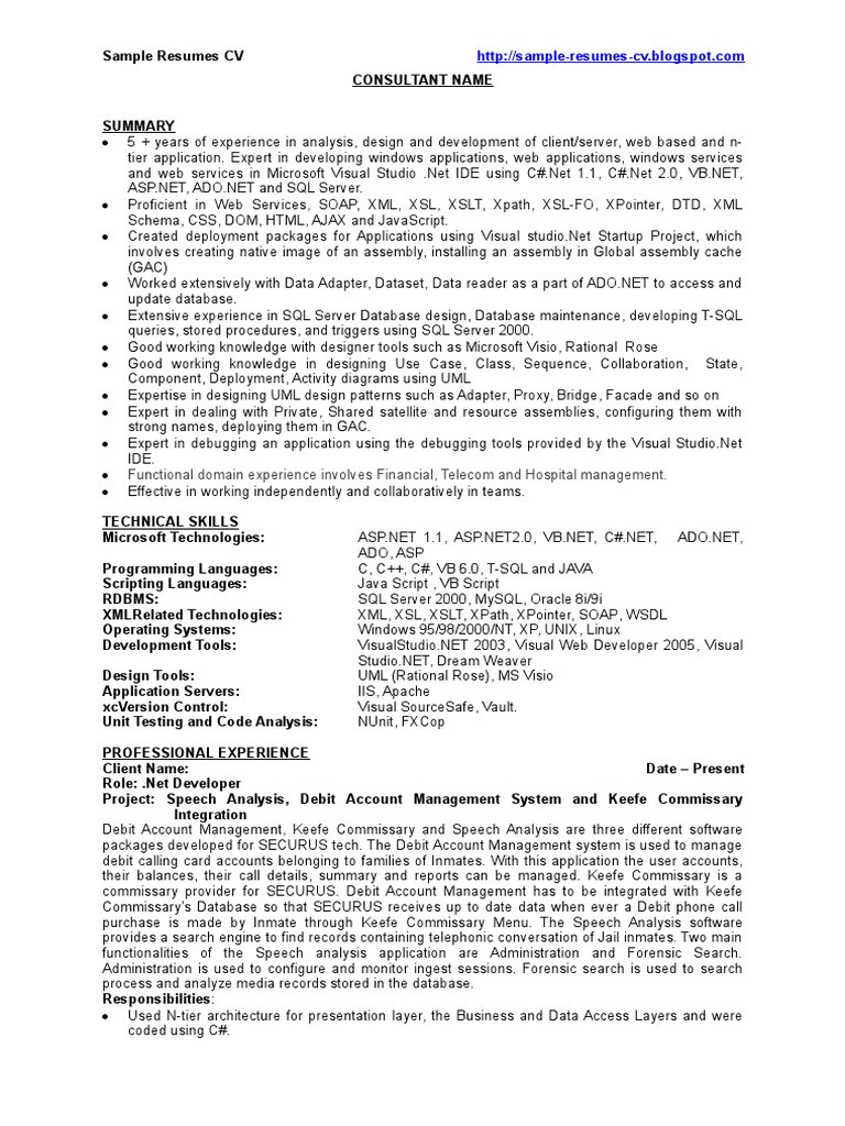 Sample Dot Net Resume for Experienced Dot Net Developer / .net Developer – Sample Resume – Cv Pdf … Sample Dot Net Resume for Experienced Dot Net Developer / .net Developer – Sample Resume – Cv Pdf …