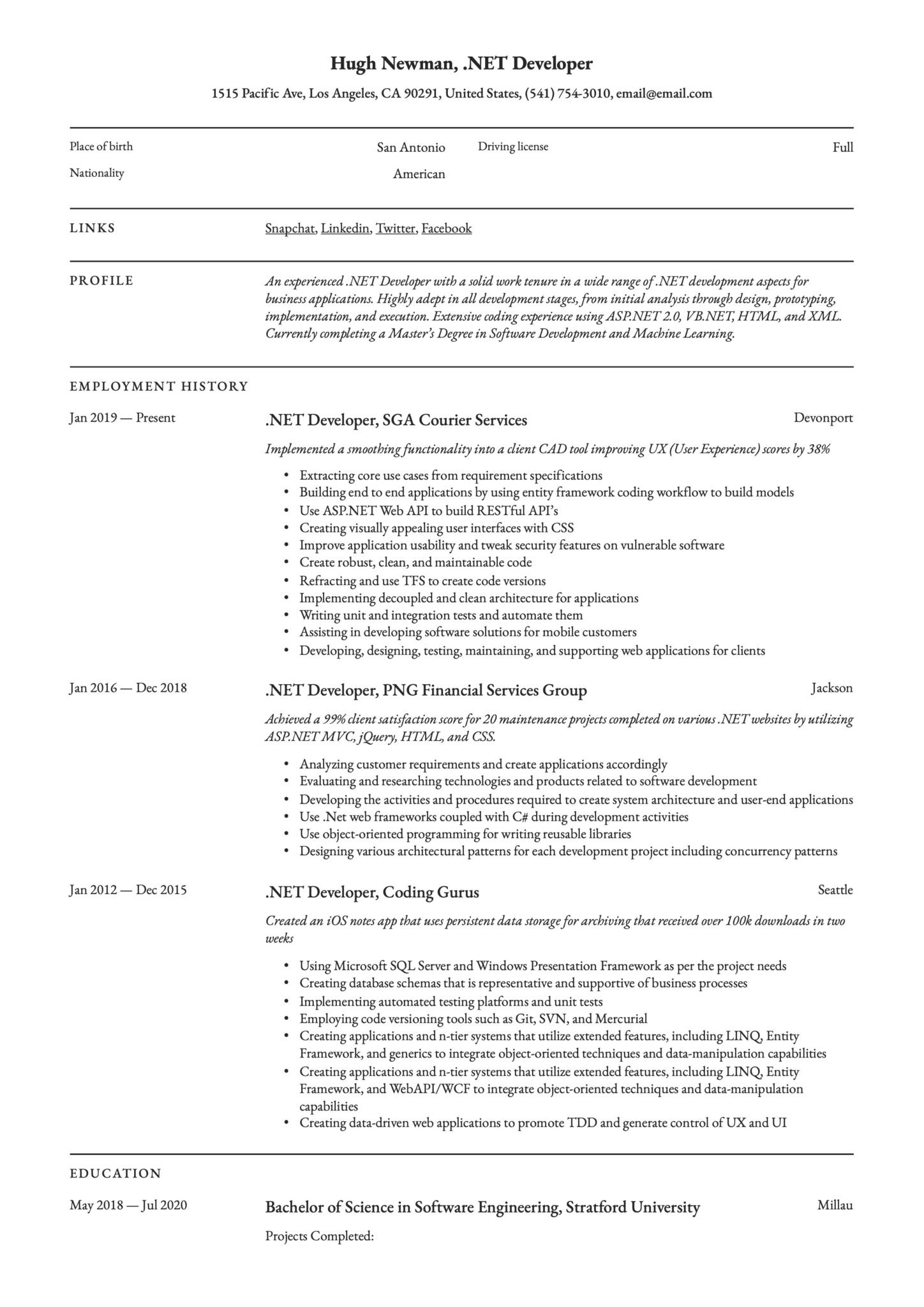 Sample Dot Net Resume for Experienced Net Developer Resume & Writing Guide  17 Templates