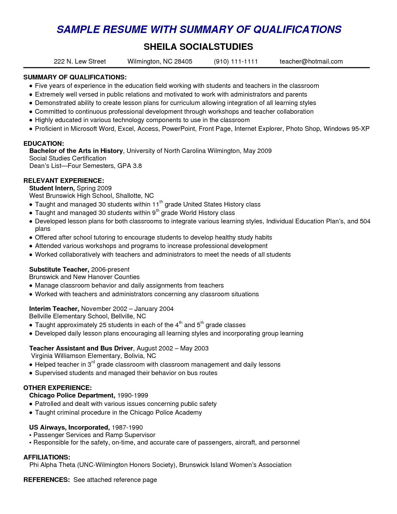 Sample Professional Resume Summary Of Qualifications Summary Of Qualifications Example