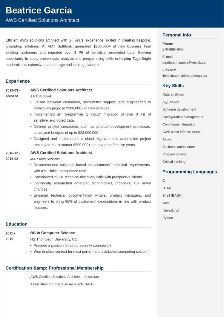Sample Resume for Aws solution Architect associate Fresher Aws solutions Architect Resumeâexamples and Writing Tips