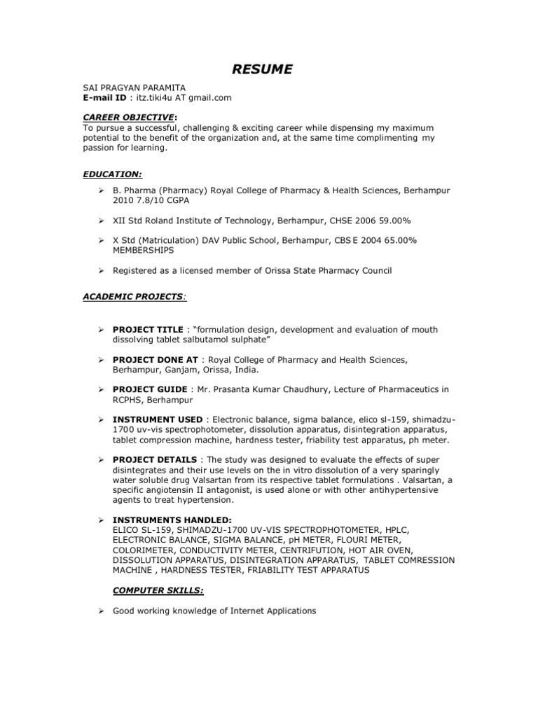 Sample Resume for B Pharmacy Freshers Pdf Simple Resume format for Pharmacist