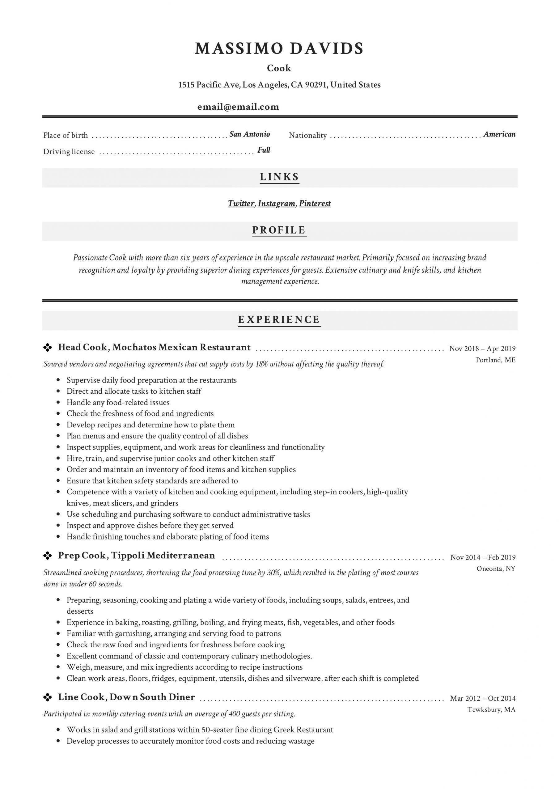 Sample Resume for Cook In Restaurant Cook Resume   Writing Guide 12 Resume Templates 2020