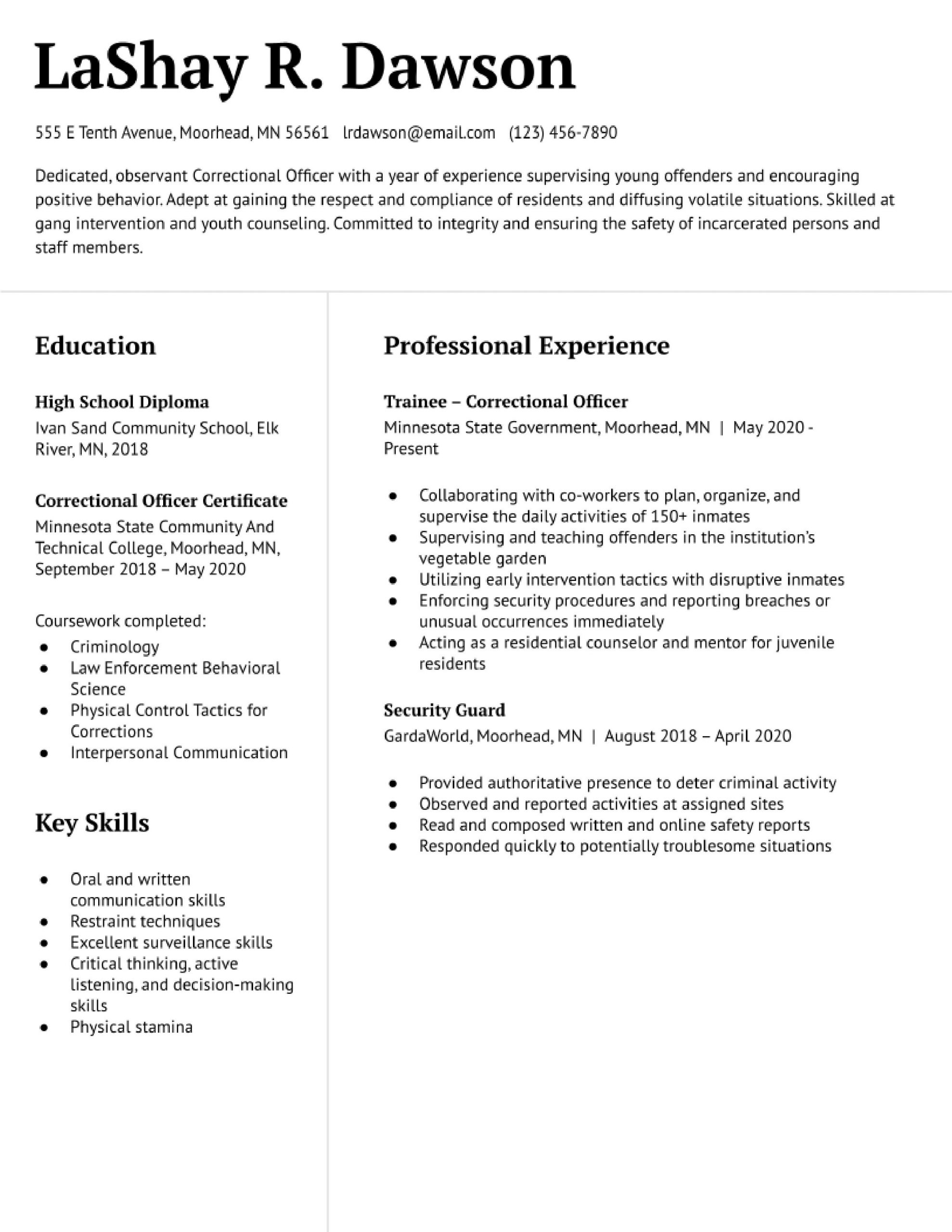 Sample Resume for Correctional Officer with No Experience Correctional Officer Resume Examples – Resumebuilder.com