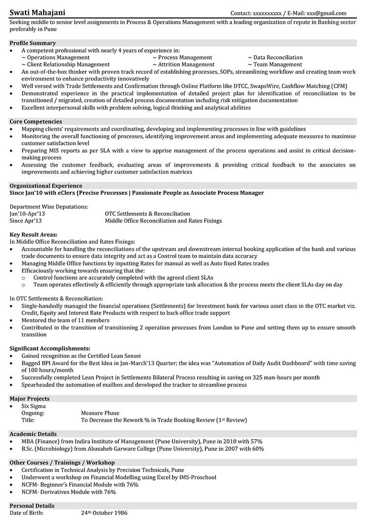 Sample Resume for Credit Manager In India Operations Resume Samples Resume format for Operations …