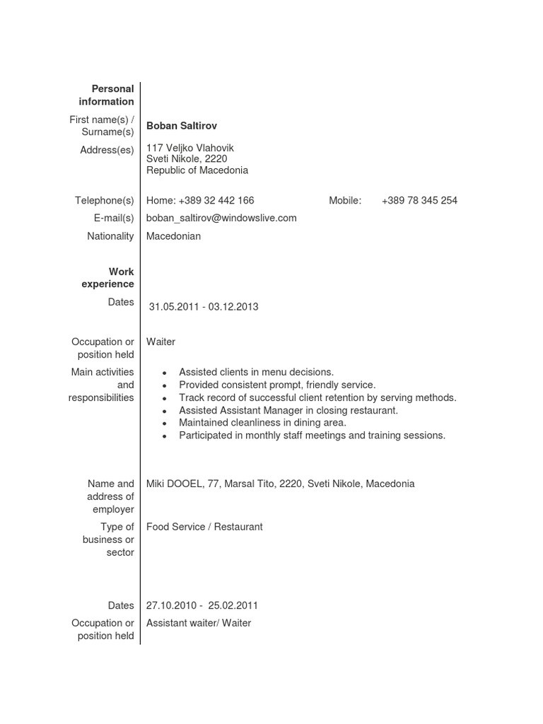 Sample Resume for Cruise Ship Waiter A Sample Cv for Applying On A Cruise Ship Pdf Waiting Staff …