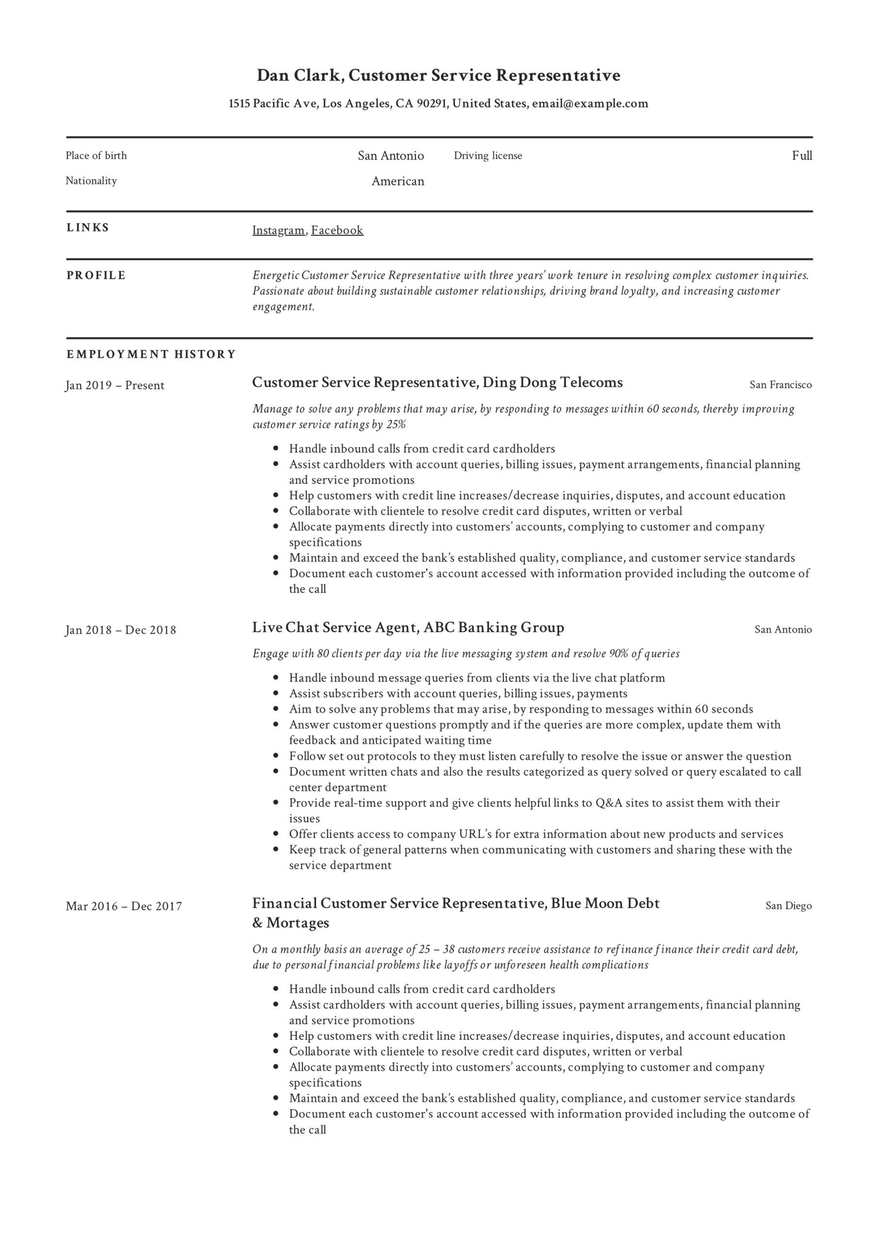 Sample Resume for Customer Care Representative Client Representative Job Description