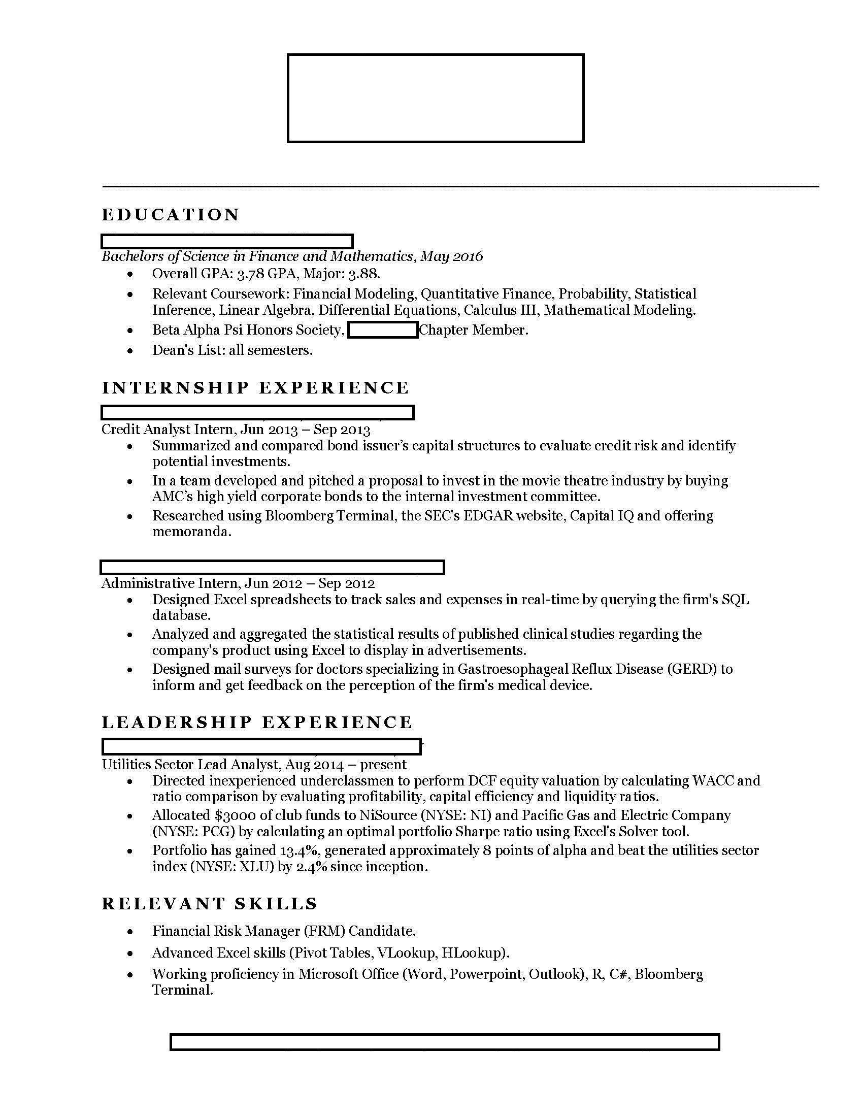 Sample Resume for Investment Banking Analyst Finance] Looking for Internships In Investment Banking/corporate …