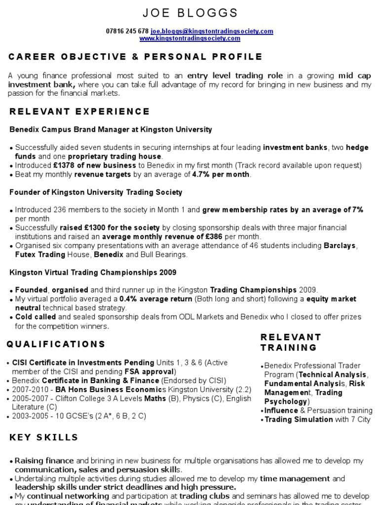 Sample Resume for Investment Banking Analyst Perfect Trading Cv Sample Pdf Investment Banking Investing