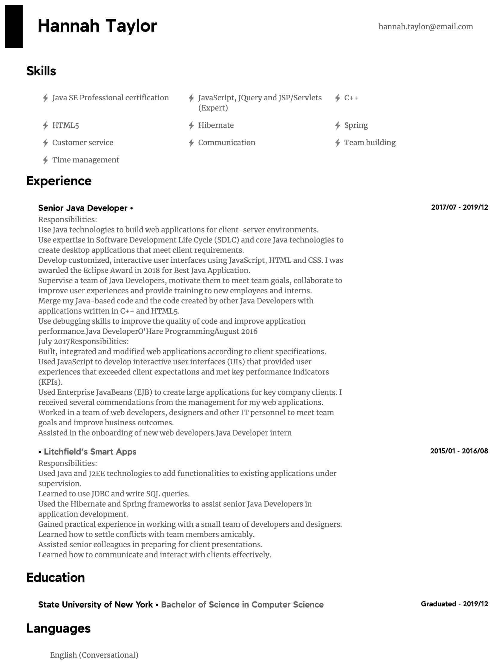 Sample Resume for Java Developer Fresher Java Developer Resume Samples All Experience Levels Resume.com …