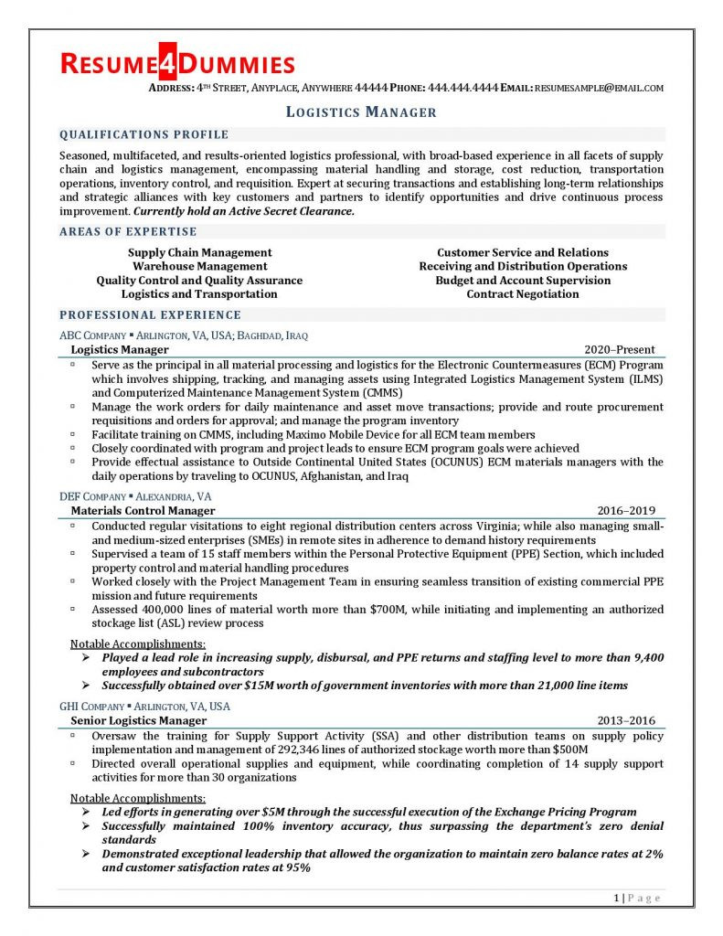 Sample Resume for Logistics and Supply Chain Management Logistics Manager Resume Example Resume4dummies