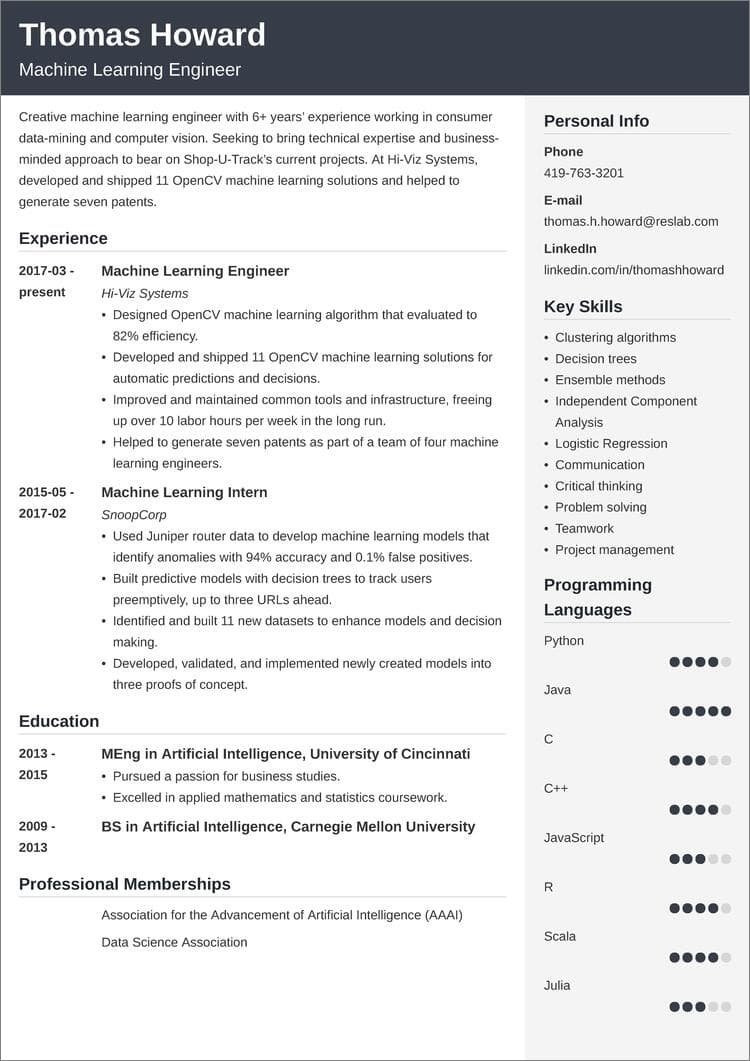 Sample Resume for Machine Learning Engineer Machine Learning Resume Examples [also for An Engineer]