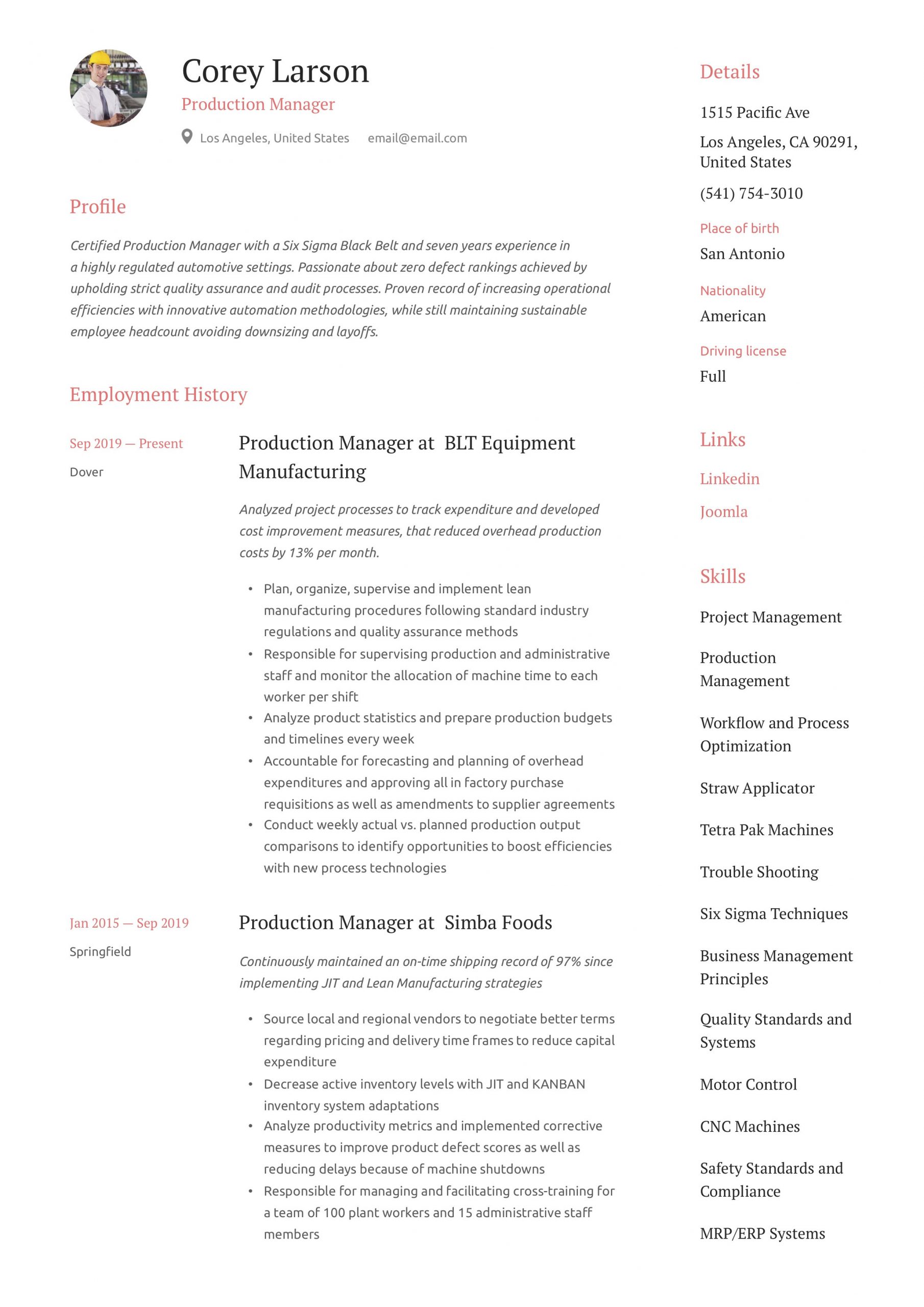 Sample Resume for Machine Shop Manager Production Manager Resume & Writing Guide  12 Templates 2020