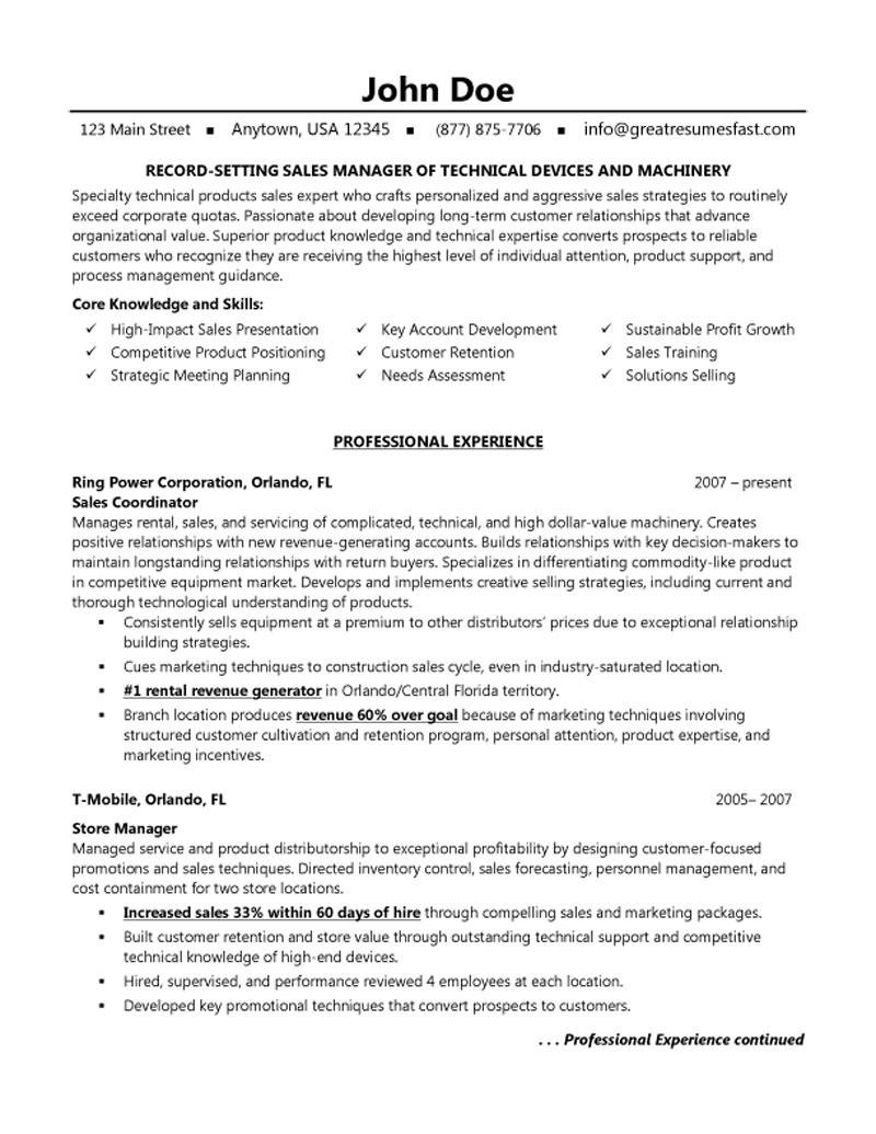 Sample Resume for Machine Shop Manager Technical Machinery and Device Sales Manager Resume