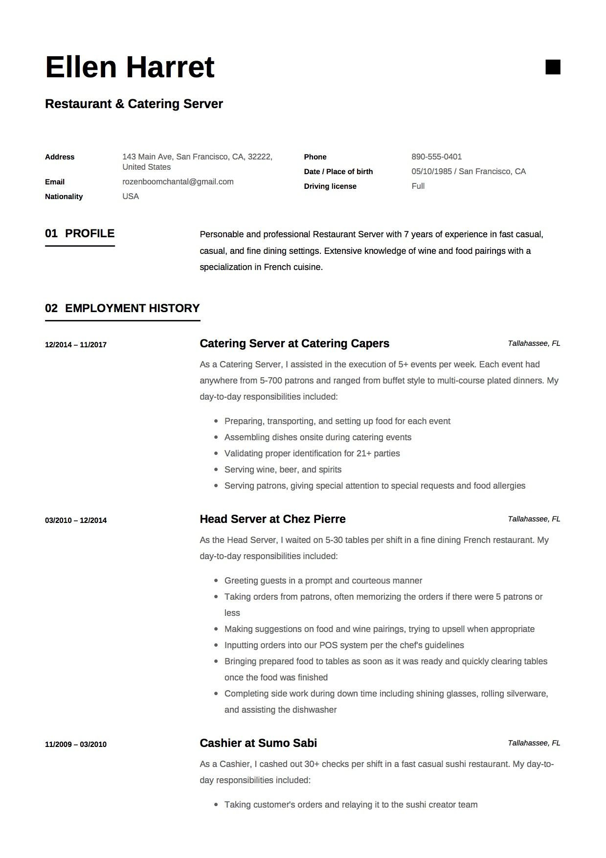 Sample Resume for Part Time Job In Restaurant Restaurant Server Cv Sample September 2021