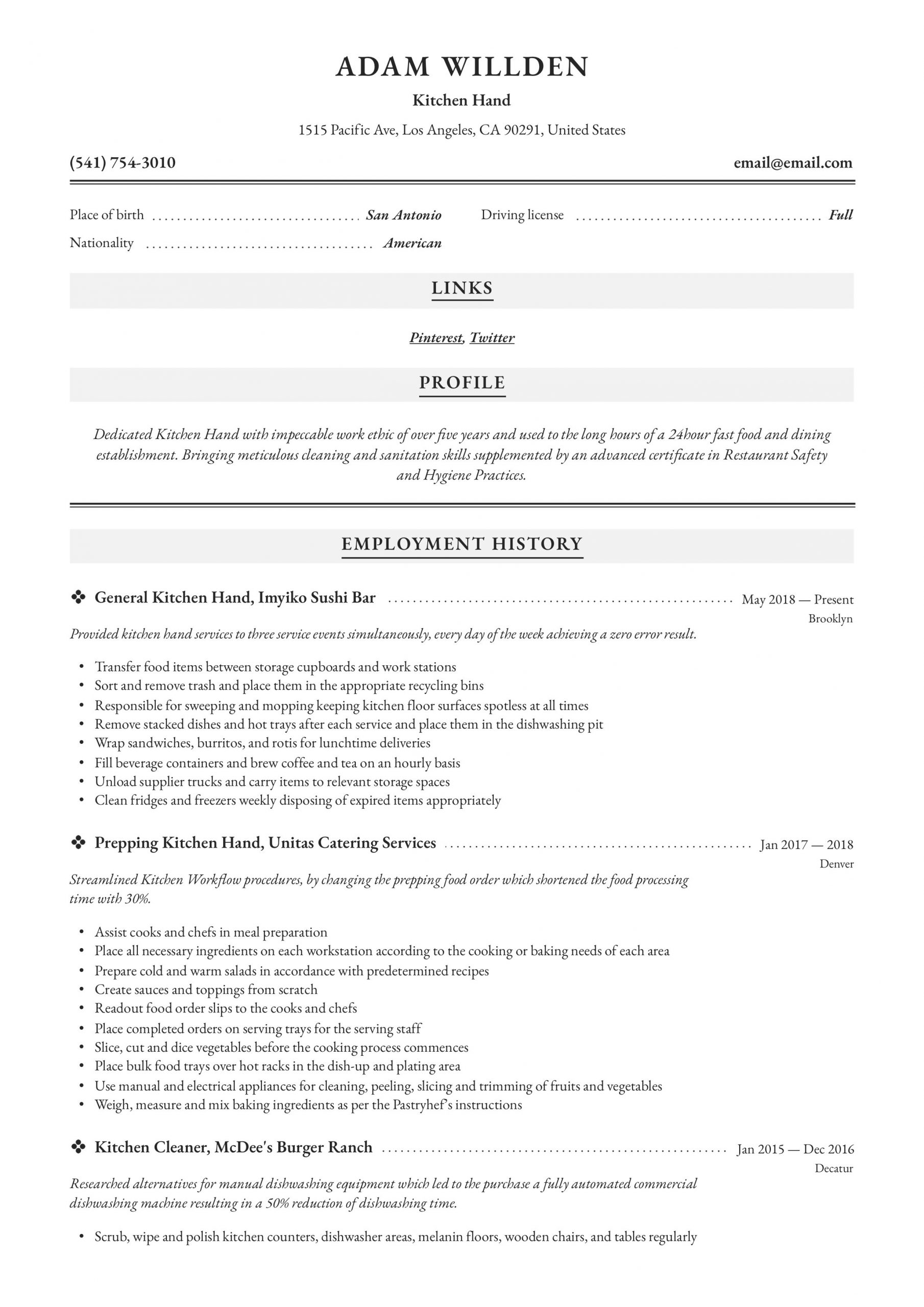 Sample Resume for Restaurant Kitchen Hand Kitchen Hand Resume – Derel