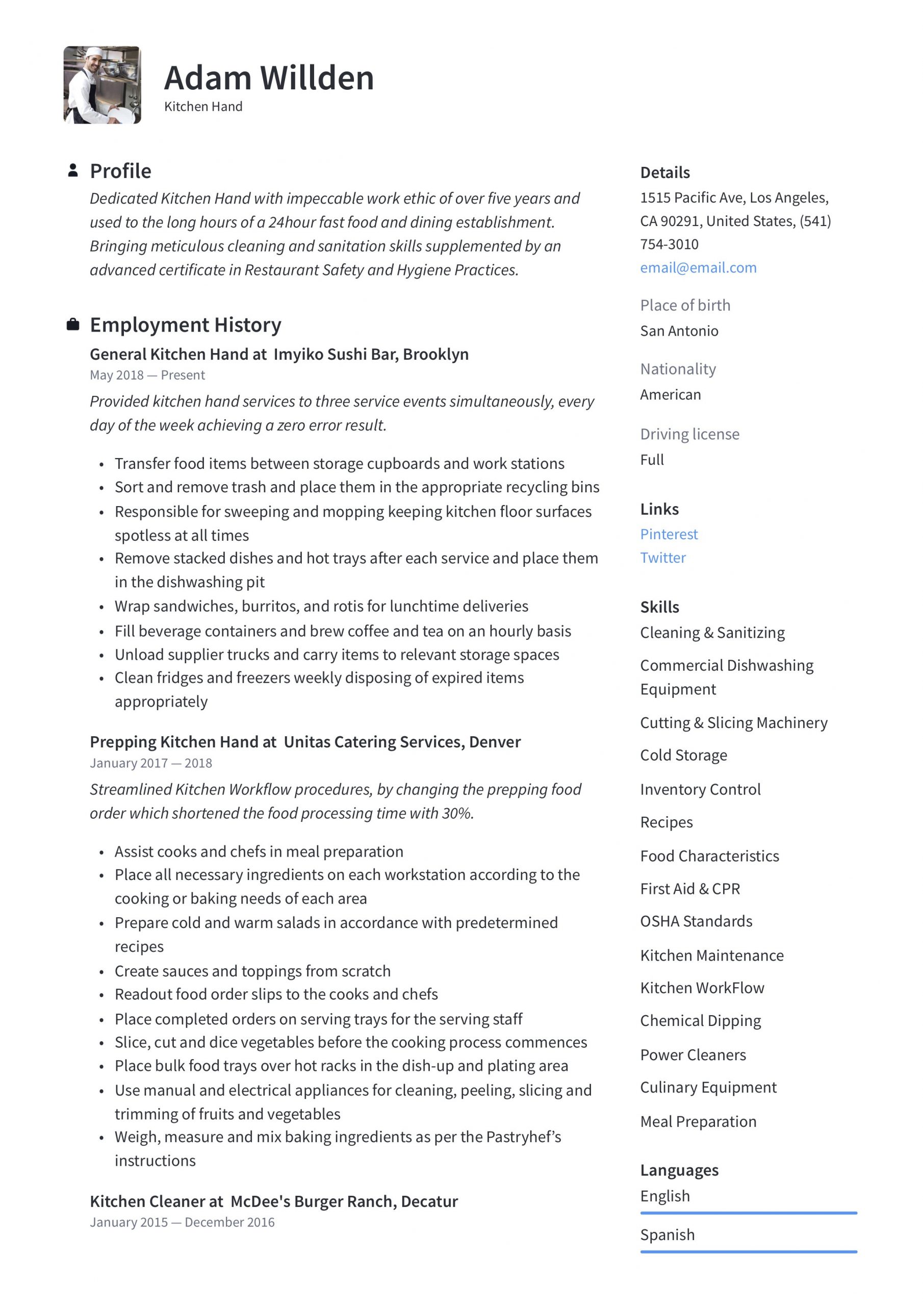 Sample Resume for Restaurant Kitchen Hand Kitchen Hand Resume & Writing Guide  12 Free Templates 2020