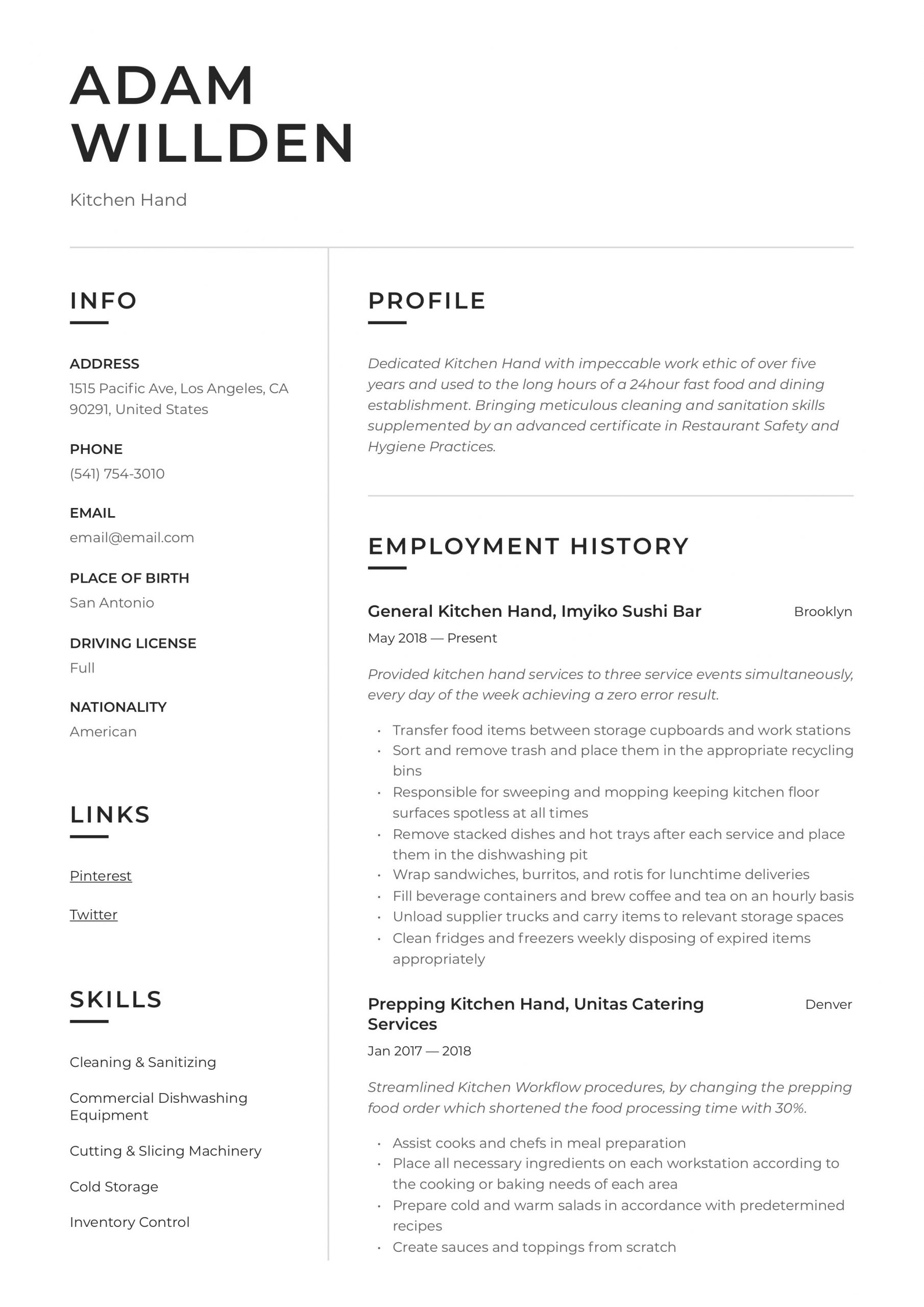 Sample Resume for Restaurant Kitchen Hand Kitchen Hand Resume & Writing Guide  12 Free Templates 2020
