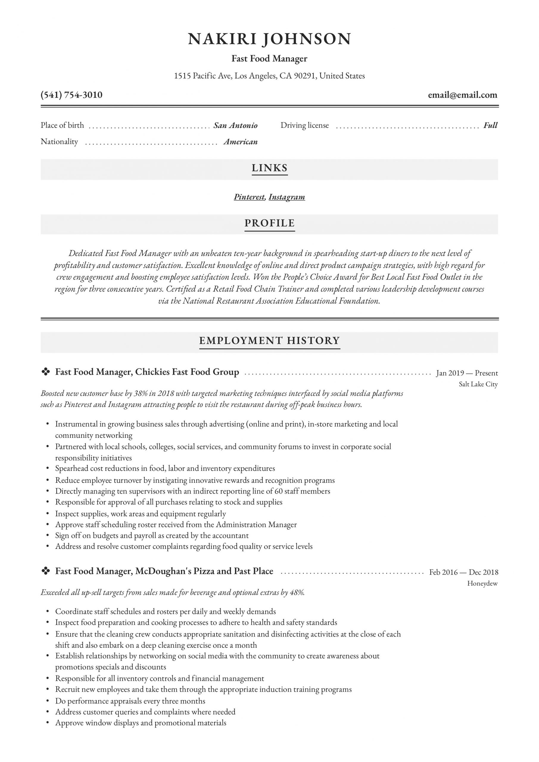Sample Resume for Restaurant Manager Position Fast Food Manager Resume & Writing Guide  12 Examples 2020